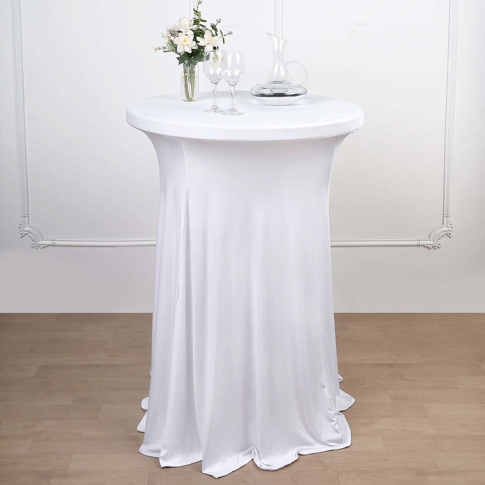 Spandex 32" Round Cocktail Table Cover Skirt White With Natural Wavy Drapes - Stylish & Sophisticated Event Decor