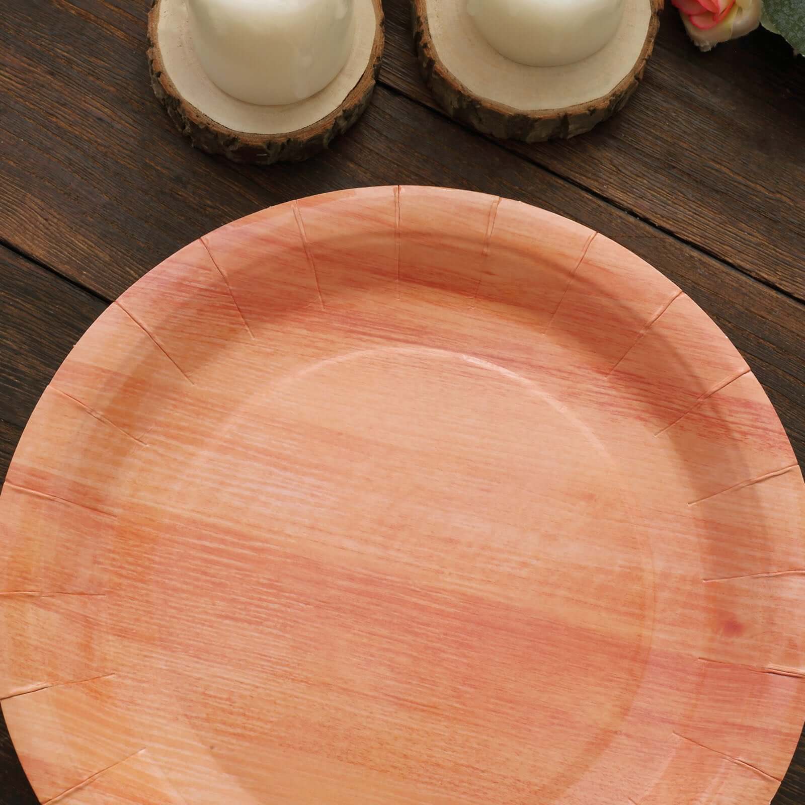 25-Pack Paper 10" Round Dinner Plates Natural Wood Grain Print - Rustic & Nature-Inspired Disposable Party Plates