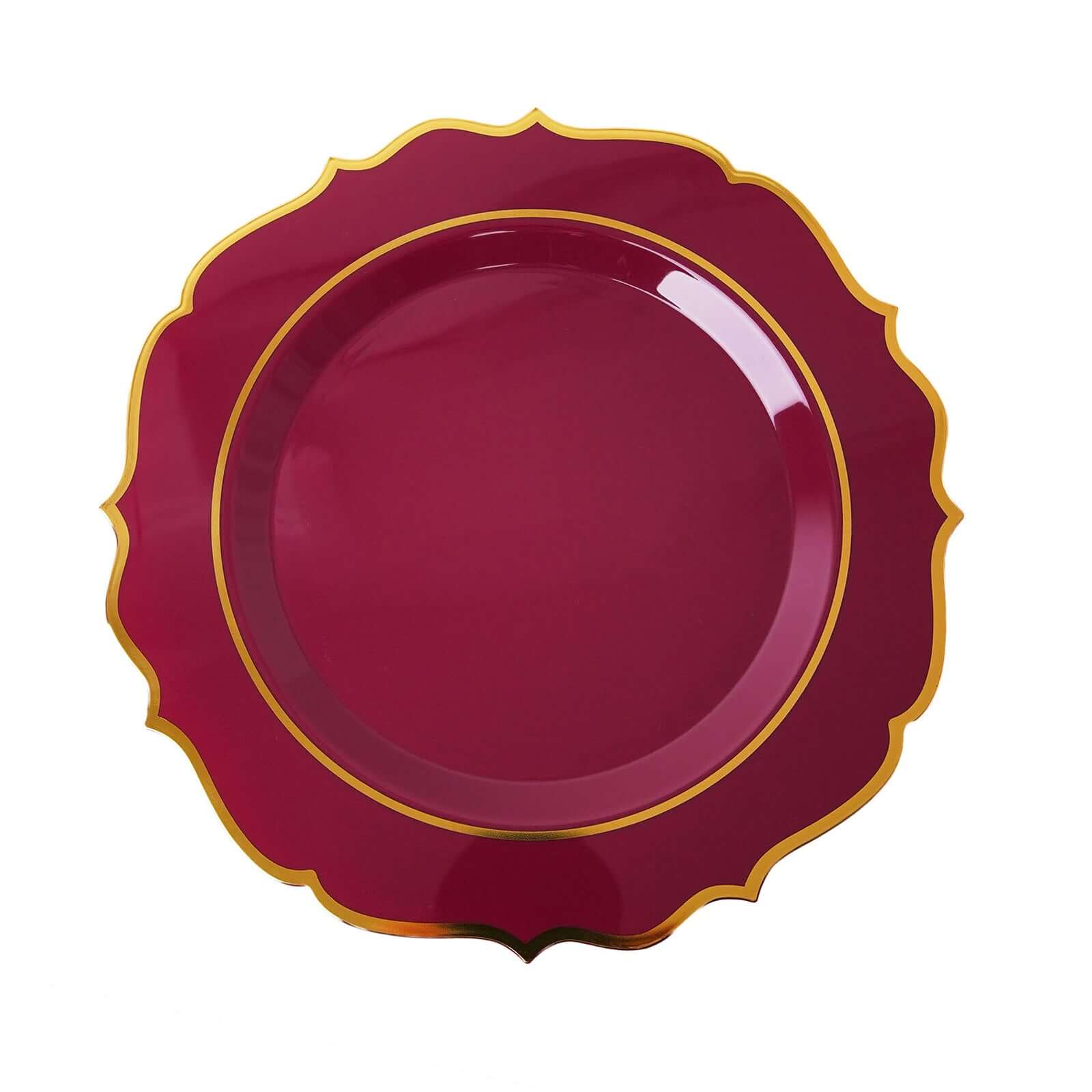 10-Pack Plastic 8" Round Desert Plates in Burgundy with Gold Scalloped Rim - Disposable Appetizer/Salad Plates