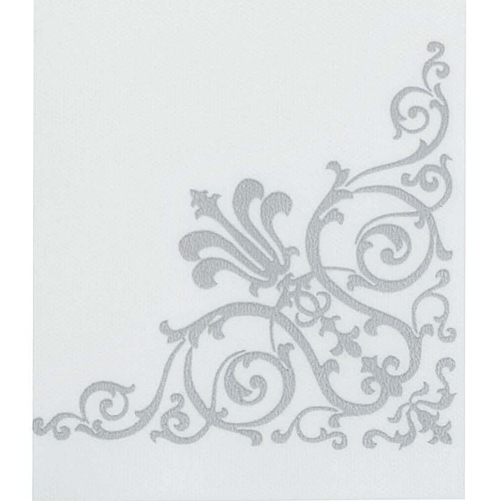 25 Pack Linen-Like Paper 8"x4" Napkins White with Metallic Silver Foil Fleur Vintage Design - Classy Disposable Airlaid Hand Towels for Weddings & Events