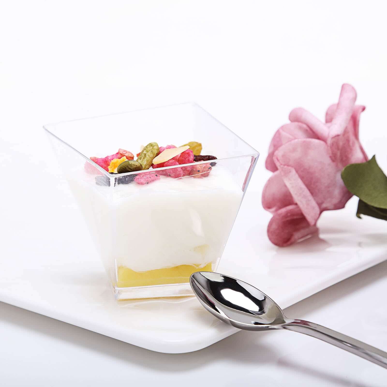50-Pack Plastic Dessert Cups Square Twist Clear - Durable Disposable Sauce Cups for Parties 2oz