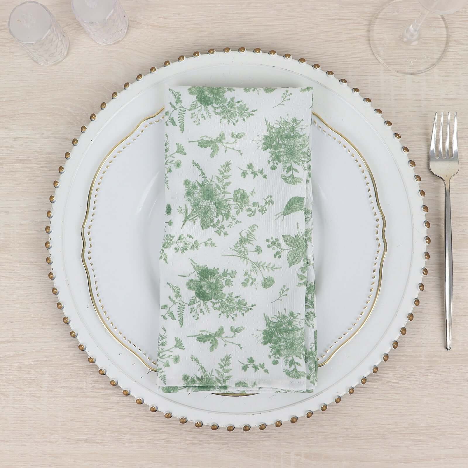 5 Pack Polyester 20"x20" Napkins Dusty Sage Green French Toile Pattern - Stylish Floral Dinner Napkins for Weddings, Events & Parties