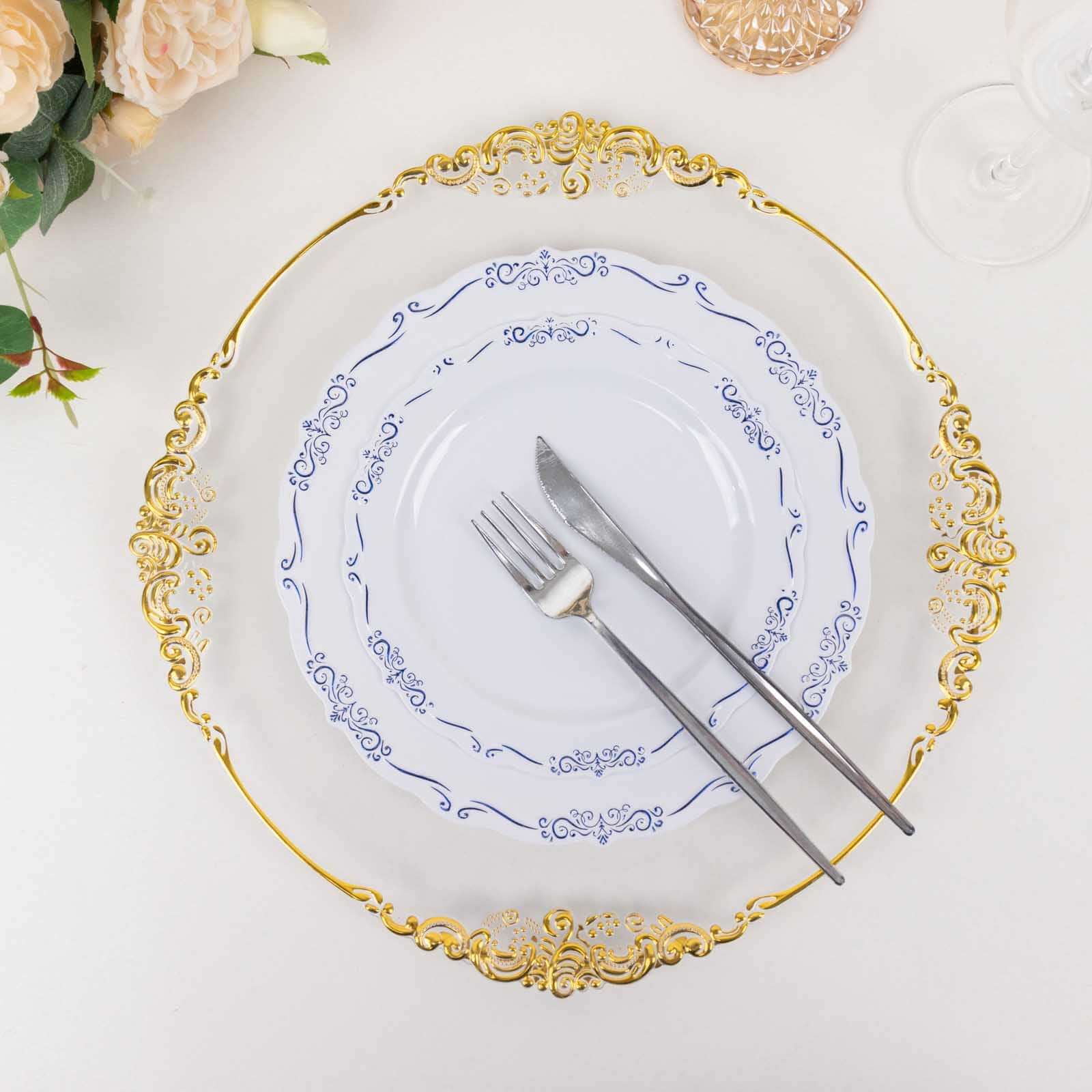 10-Pack Plastic 7" Round Dessert Plates in White with Blue Vintage Embossed Rim - Sturdy Disposable Scalloped Edge Salad Plates