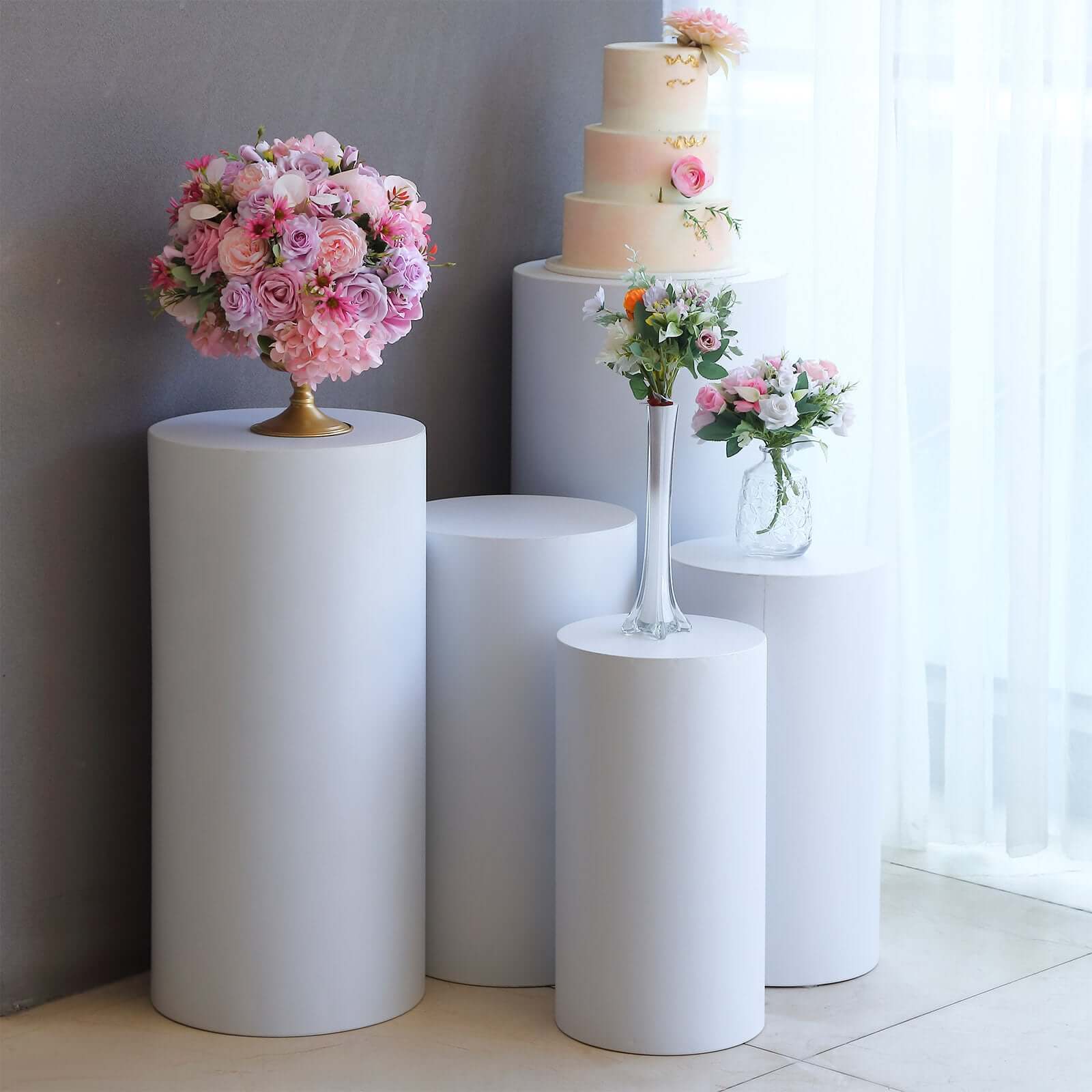 Set of 5 White Metal Cylinder Pillar Prop Stands For Wedding Aisle, Round Plinth Pedestal Display Boxes - 20",22",24",26",30"