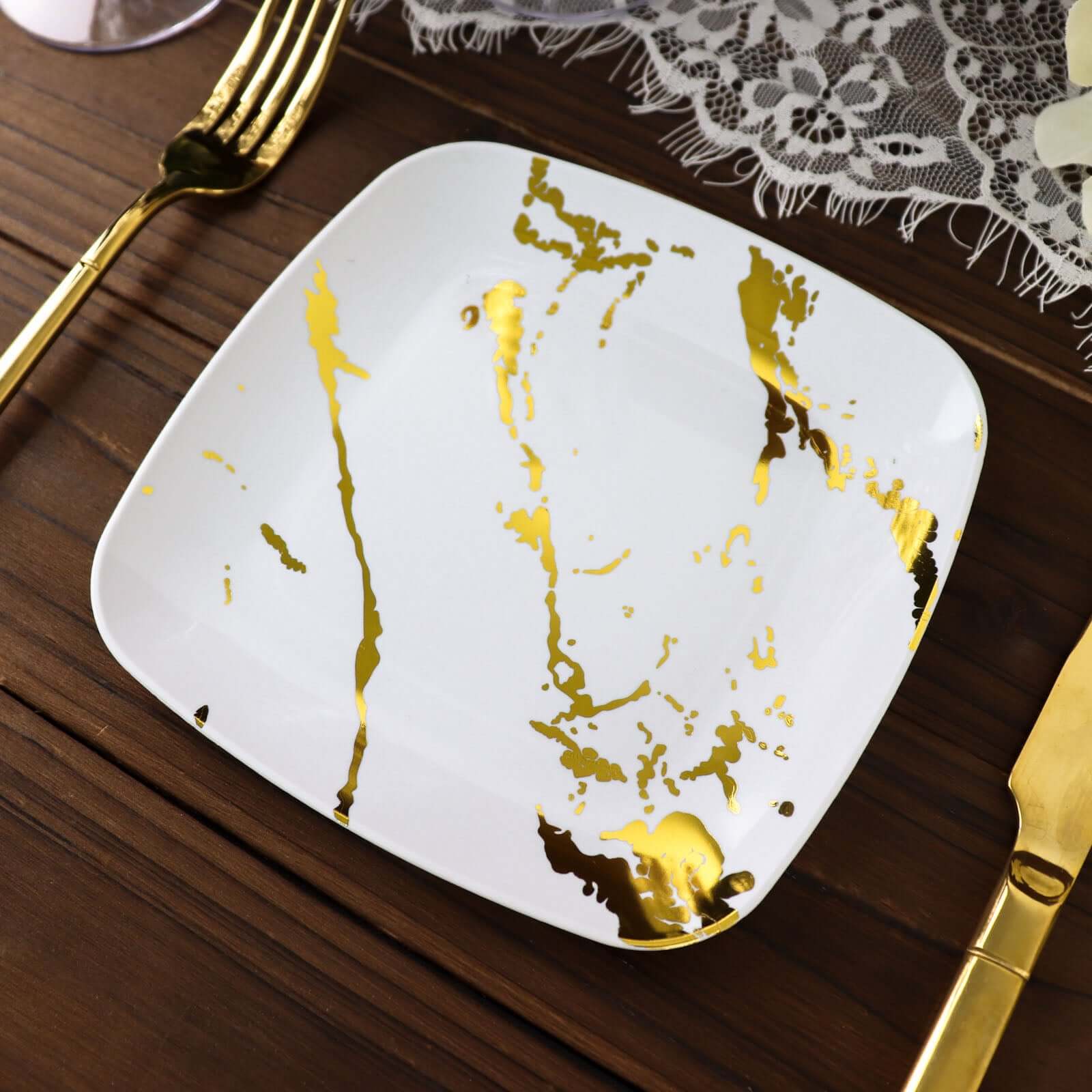 10-Pack Plastic 8" Square Dessert Plates in White with Gold Marble Design - Disposable Appetizer Salad Party Plates for Weddings, Banquets & Special Events