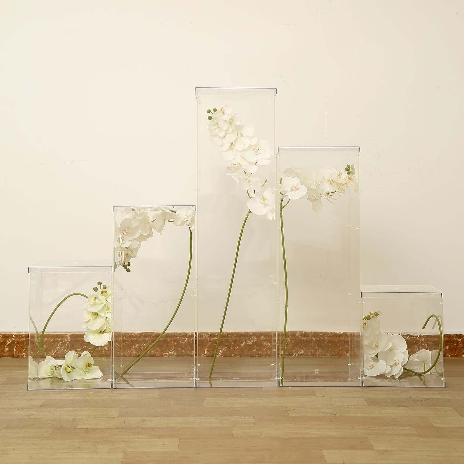 Set of 5 Clear Acrylic Display Boxes, Transparent Pedestal Risers with Interchangeable Lid and Base - 12",16",24",32",40"