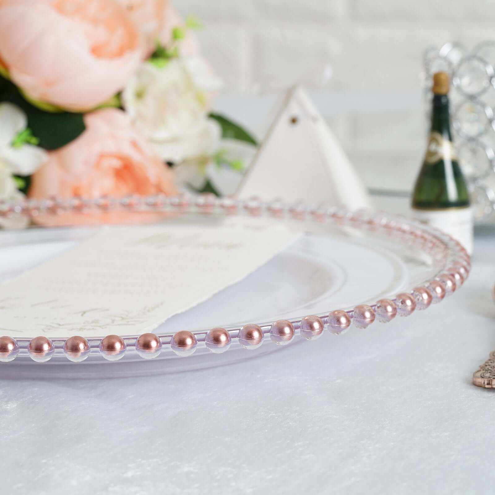 6-Pack Acrylic Round Charger Plates 13" in Clear with Rose Gold Beaded Rim, Decorative Dinner Party Serving Plates