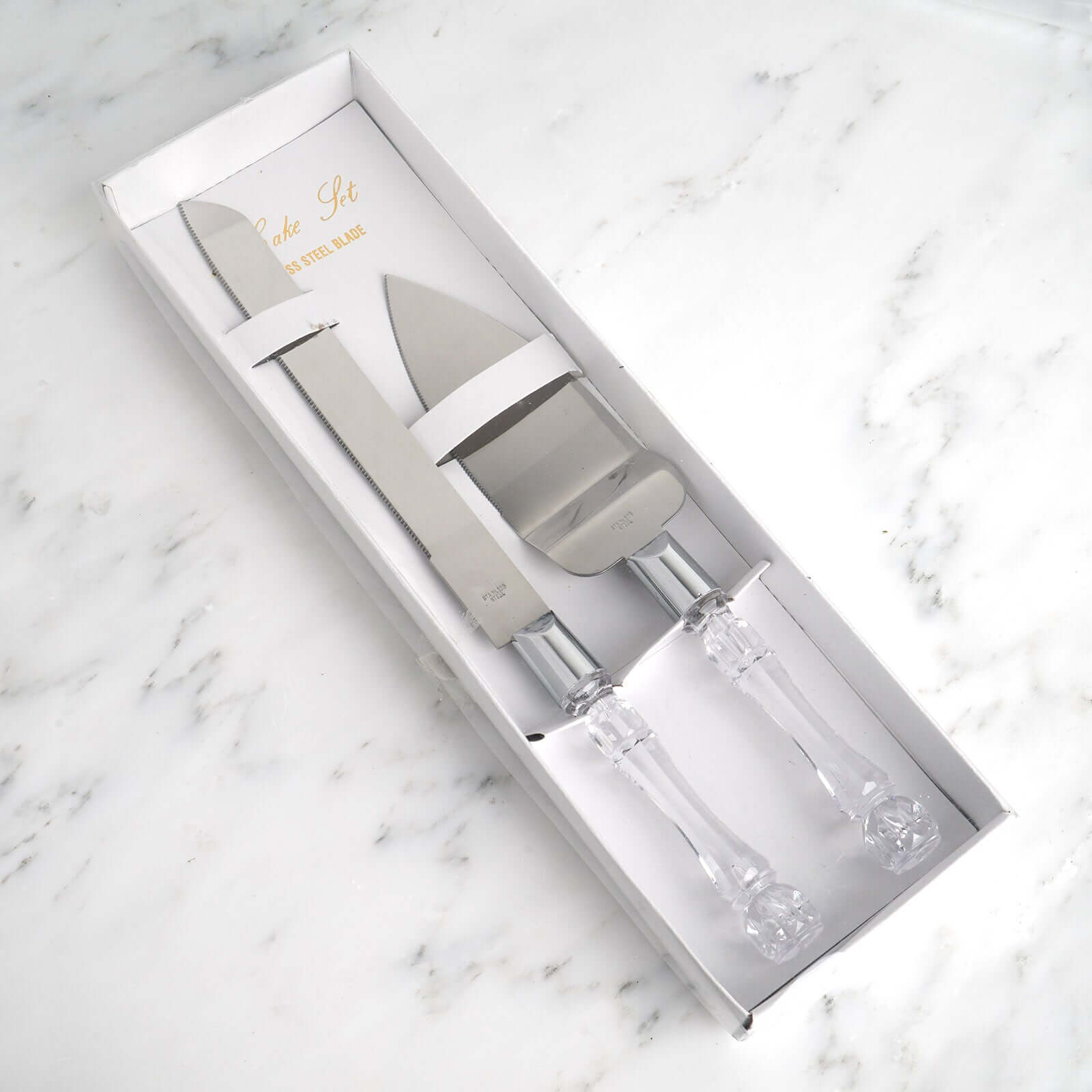 2 Set Knife and Server Stainless Steel with Clear Acrylic Handle - Party Favors with Gift Box 10" & 12"