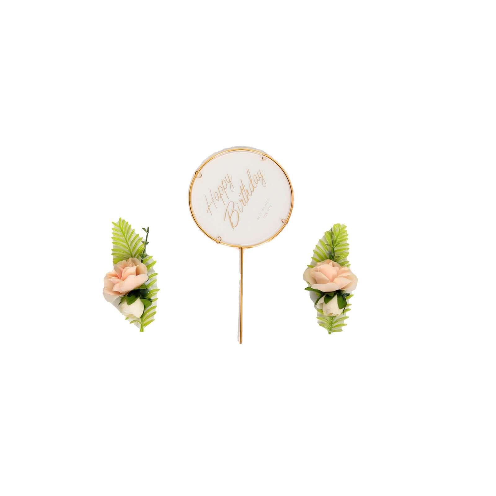3 Pcs Happy Birthday Cake Toppers with Gold Metal Frames & Clear Acrylic Panels - Charming Reusable Cake Decorations with Stylish Silk Flower Accents