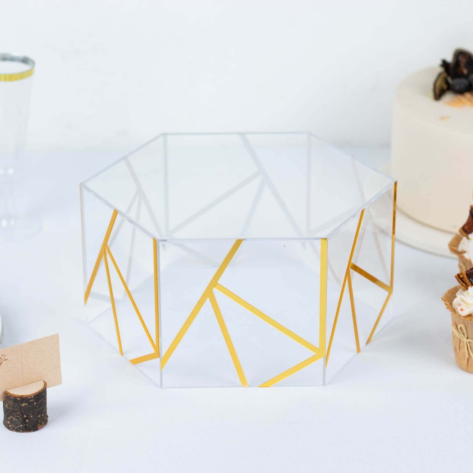 Acrylic Cake Stand Pedestal Riser Box Hexagonal Design Clear and Gold 10"x5" - Decorative Event Display