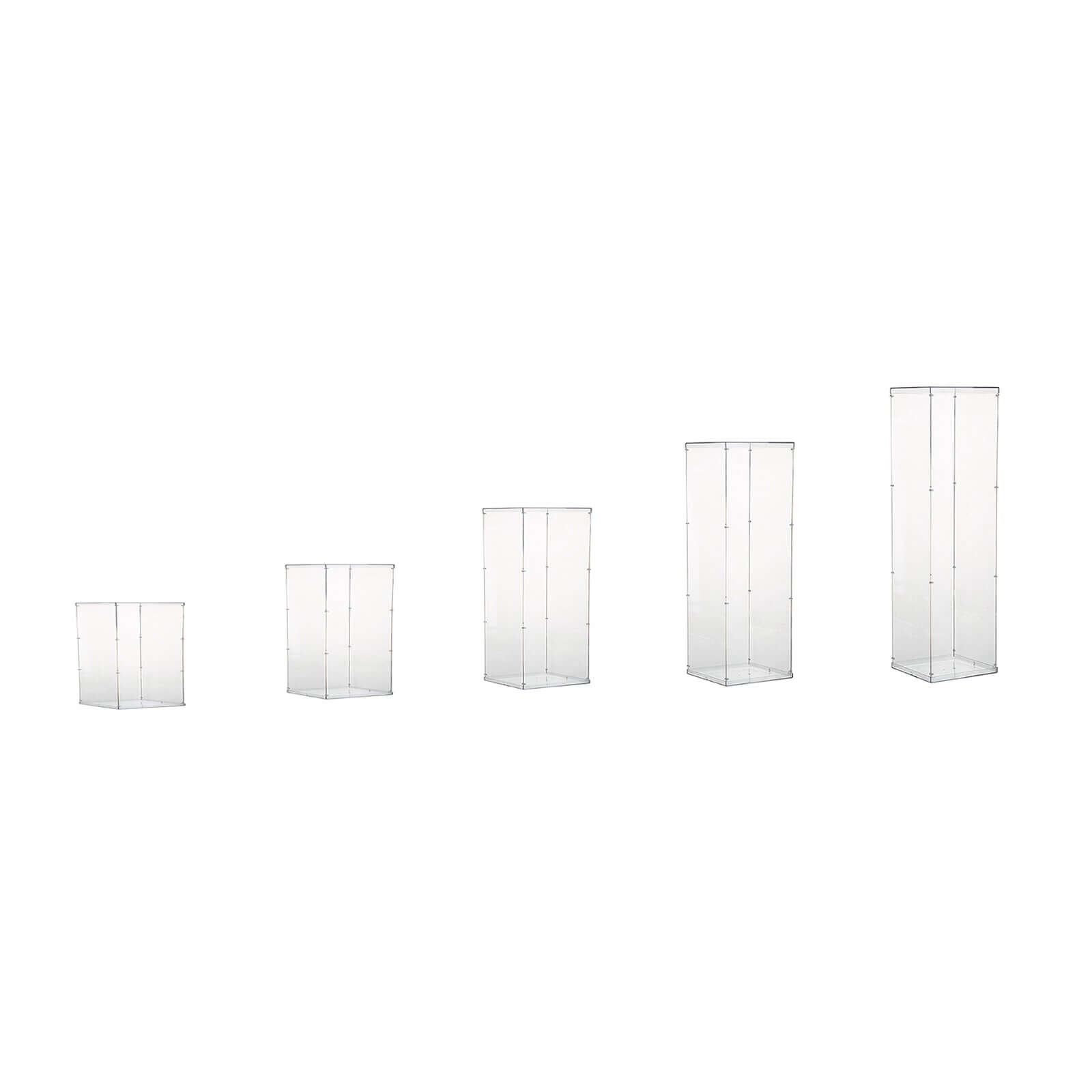 Set of 5 Clear Acrylic Display Boxes, Transparent Pedestal Risers with Interchangeable Lid and Base - 12",16",24",32",40"