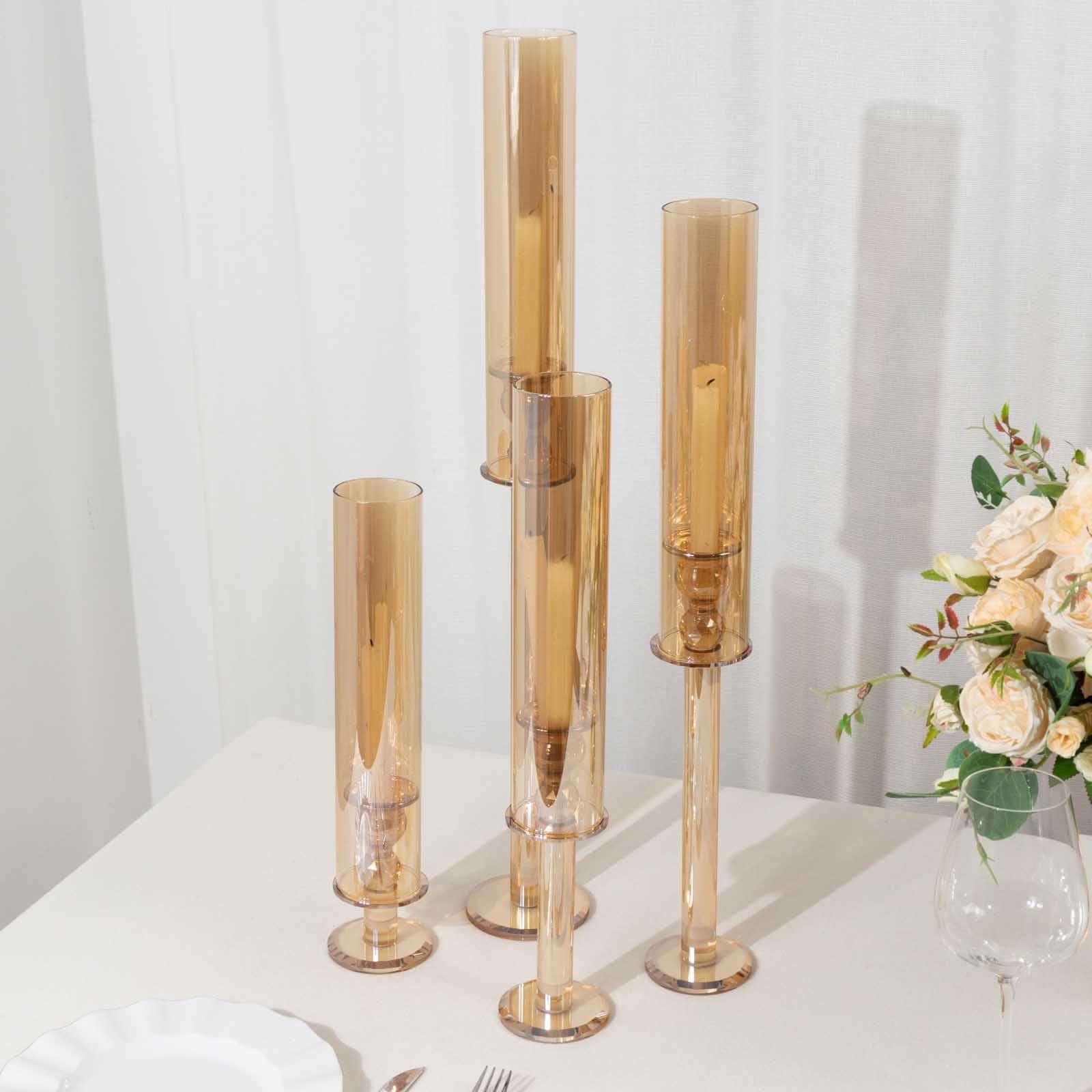 Set of 4 Crystal Glass Hurricane Taper Candle Holders, Decorative Tall Candle Stands Gold Cylinder Chimney Tubes 14", 18", 22", 26"