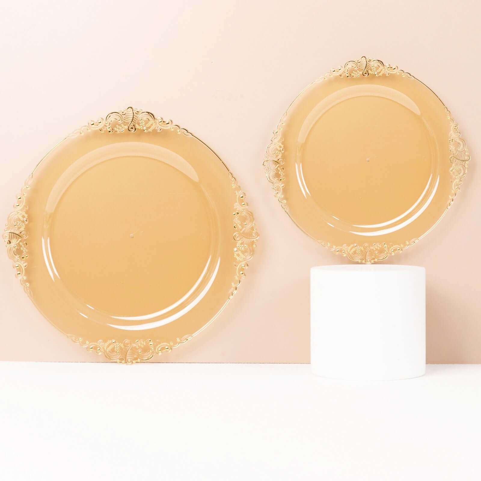 10-Pack Plastic 8" Round Dessert Plates in Transparent Amber Gold with Gold Leaf Embossed Rim - Disposable Vintage Baroque Style Salad Plates