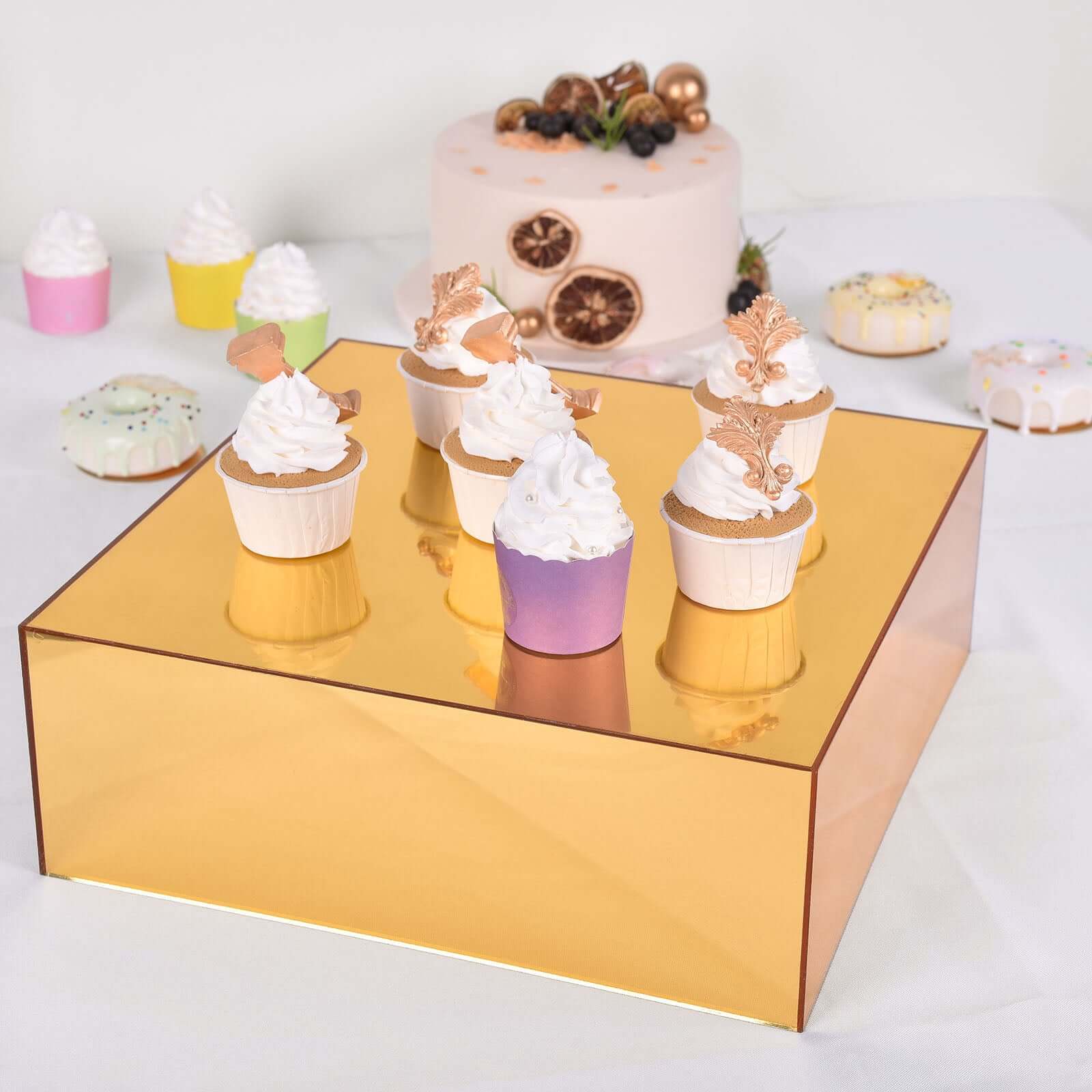 Acrylic Cake Box Stand Pedestal Riser Mirror Finish Gold - Display for Desserts and Events 14"x14"