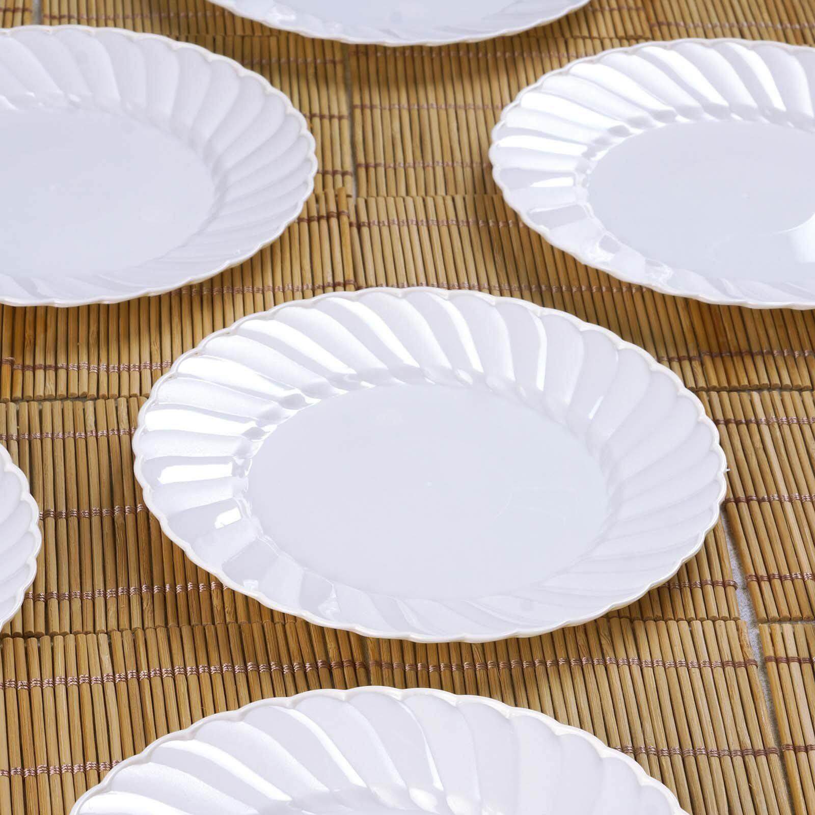 12-Pack Plastic Dessert Plates Glossy White Swirl Rim - Lightweight Round Salad Plates 6"