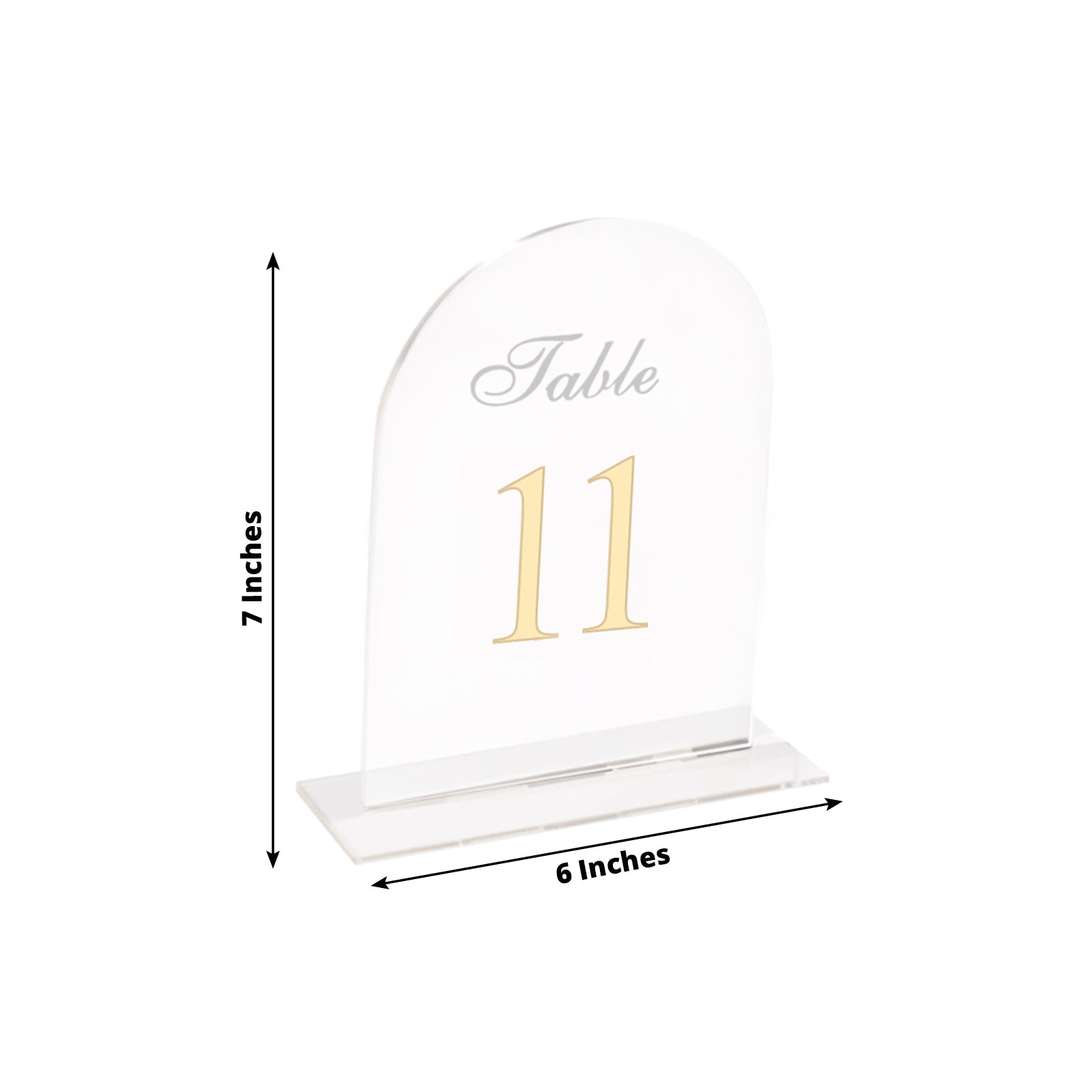Clear Arch Acrylic Table Numbers (11-20) - 6"x7" Wedding Reception Signs with Gold Print & Stands