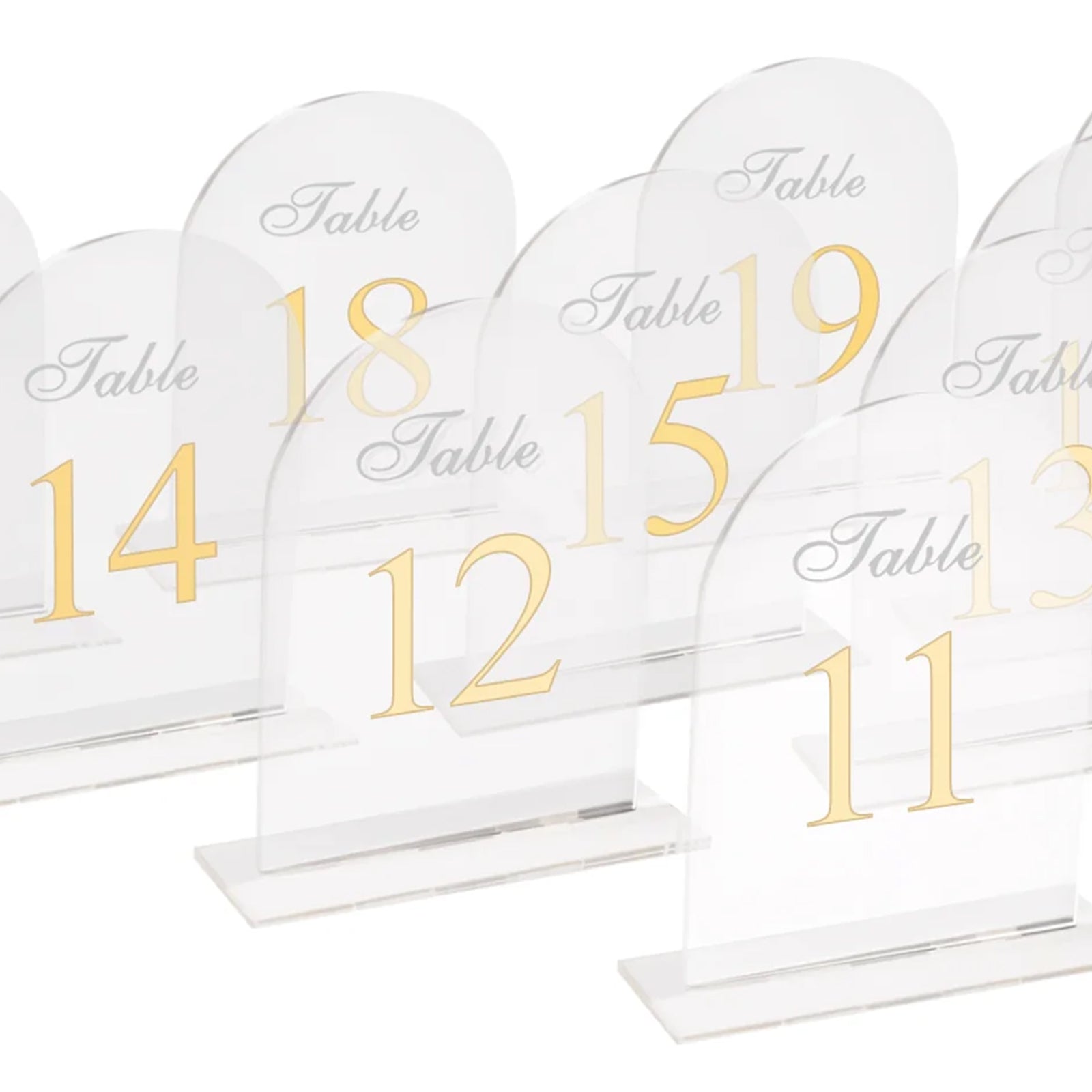 Clear Arch Acrylic Table Numbers (11-20) - 6"x7" Wedding Reception Signs with Gold Print & Stands