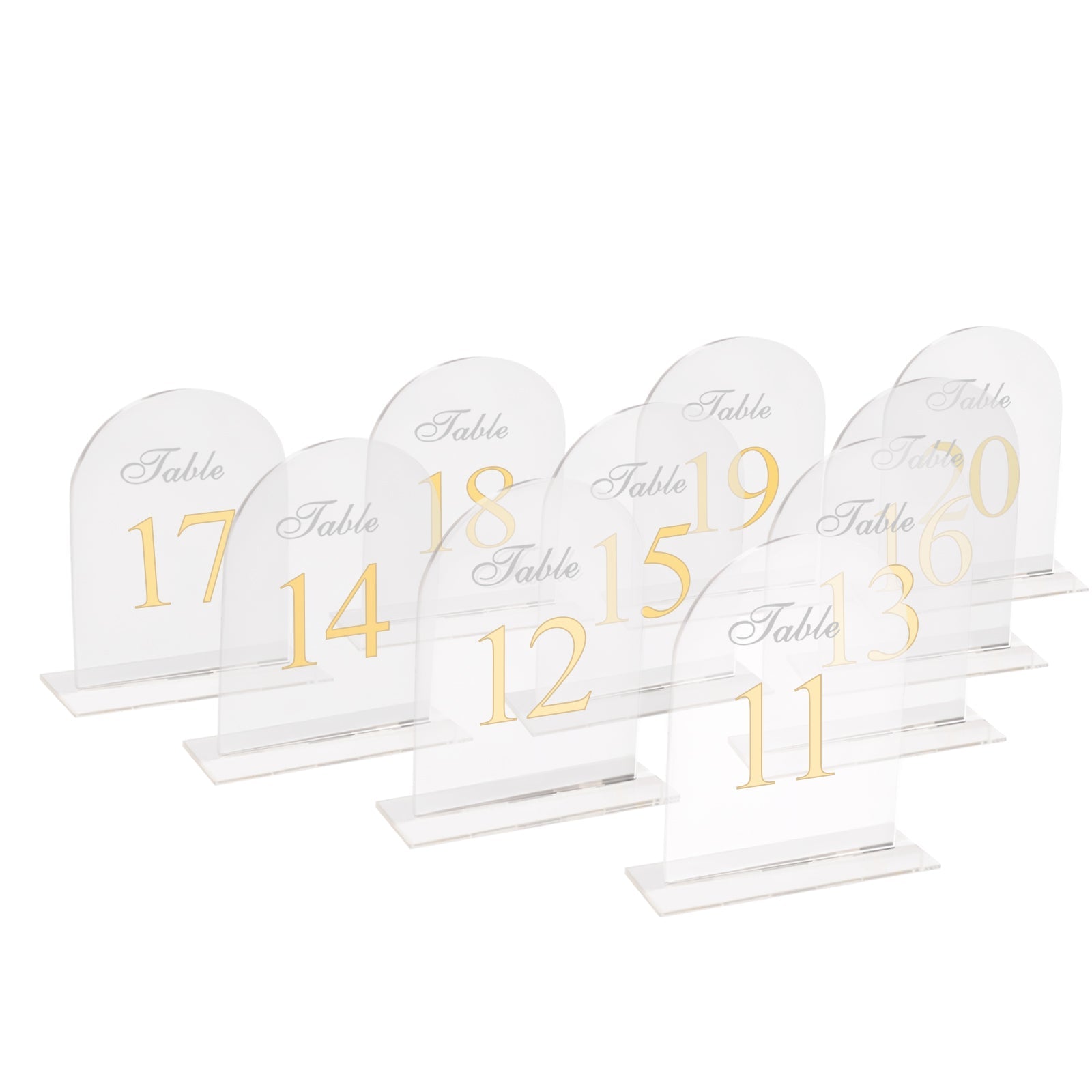 Clear Arch Acrylic Table Numbers (11-20) - 6"x7" Wedding Reception Signs with Gold Print & Stands