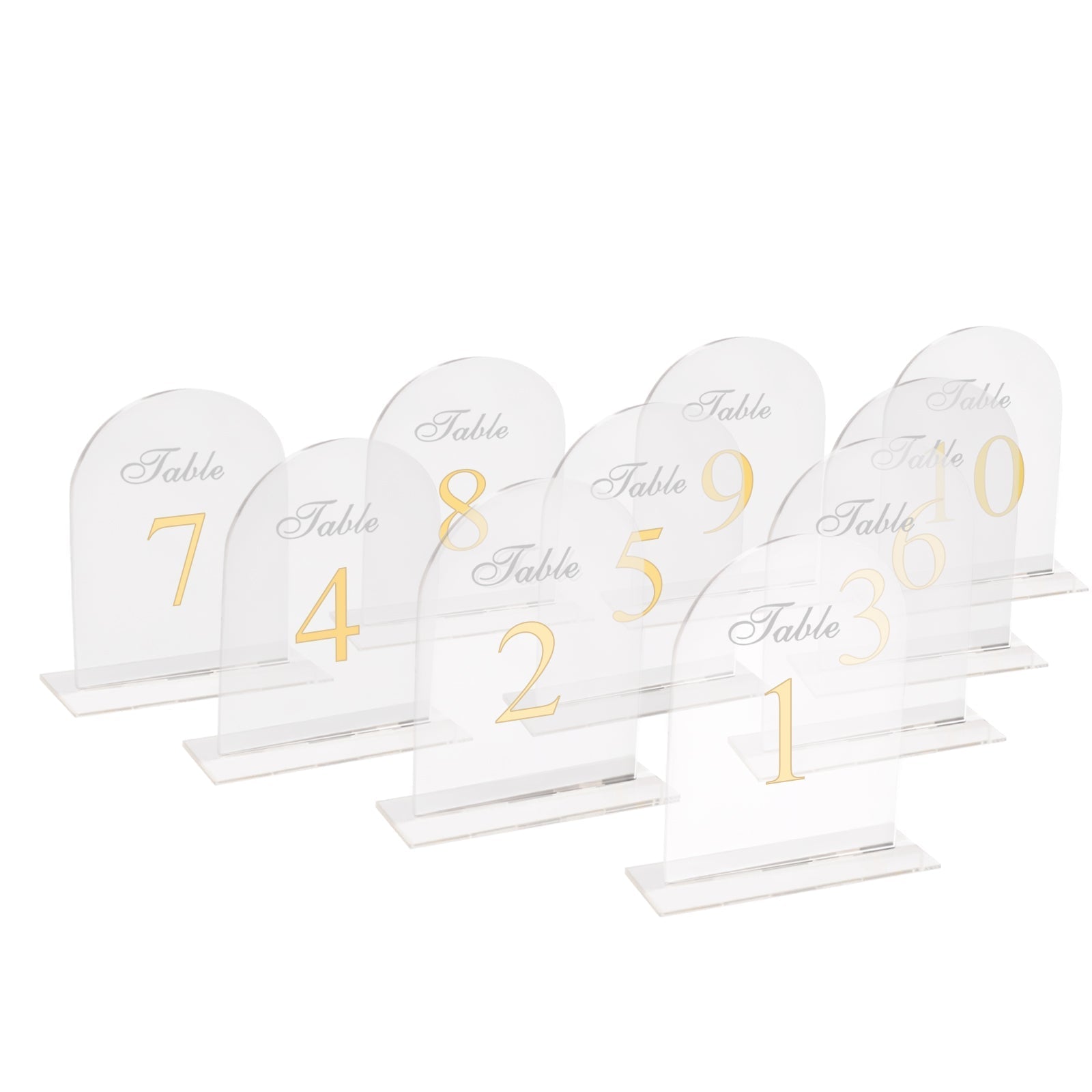 Clear Arch Acrylic Table Numbers (1-10) - 6"x7" Wedding Reception Signs with Gold Print & Stands