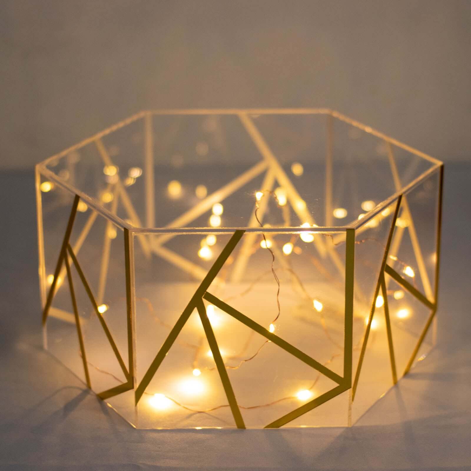 Acrylic Cake Stand Pedestal Riser Box Hexagonal Design Clear and Gold 10"x5" - Decorative Event Display