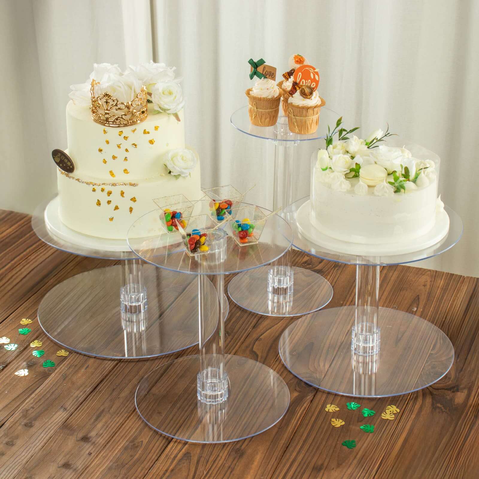 4-Tier Acrylic XL Cake Stand Set Clear - Sturdy & Lightweight Cupcake Holder Dessert Pedestal Centerpiece Risers in Assorted Sizes for Modern Minimalist Buffet Party Tables