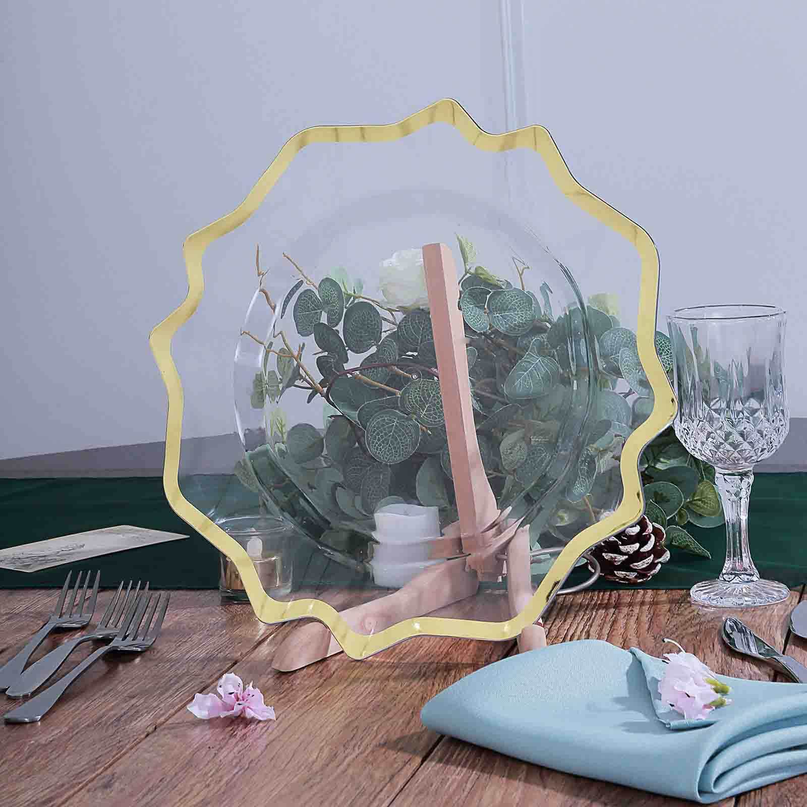 6-Pack Acrylic Plastic Round Charger Plates 13" in Clear with Gold Scalloped Edge, Exquisite Dinner Serving Plates