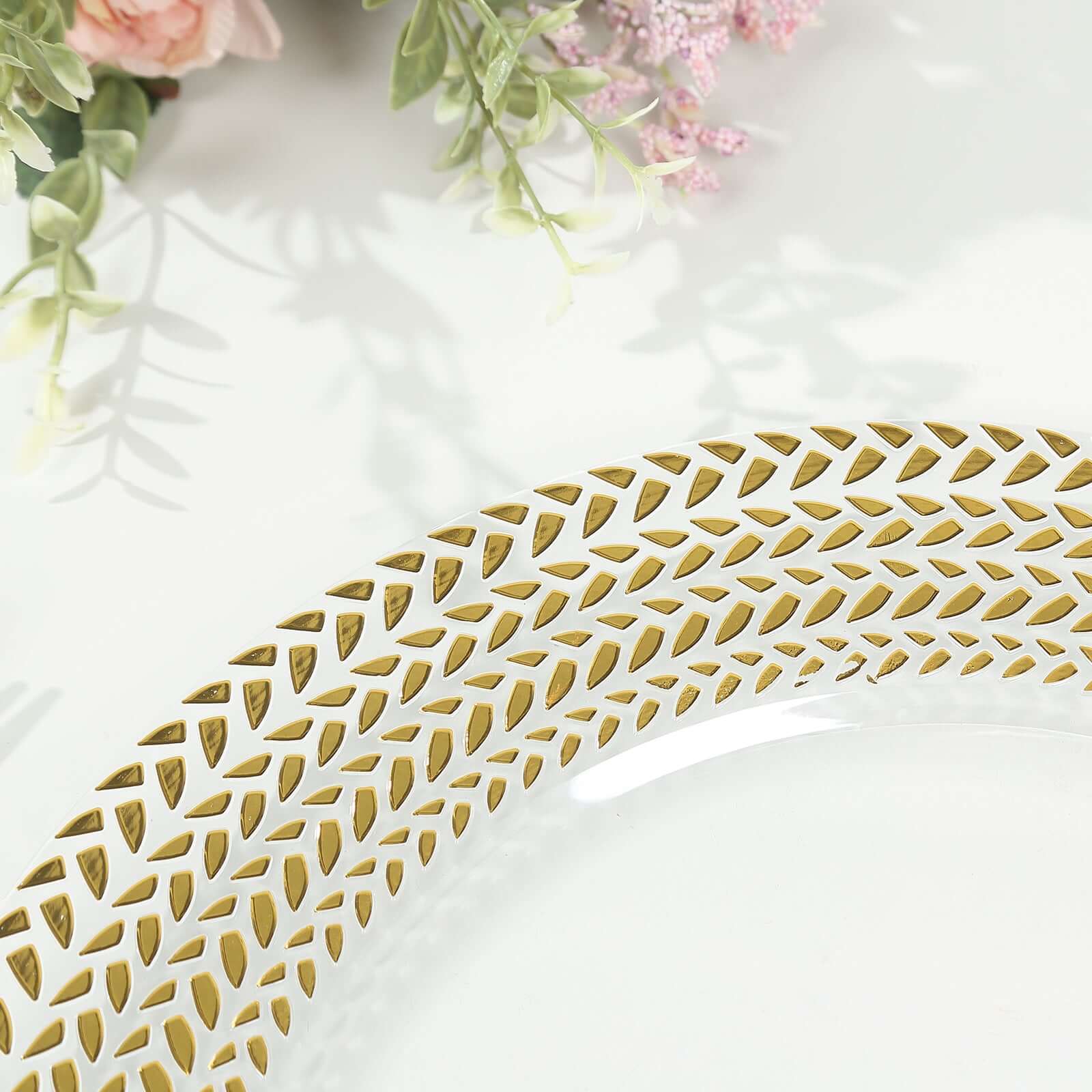 6-Pack Acrylic Round Charger Plates 13" in Clear with Gold Wheat Pattern Rim, Stylish Dinner Party Charger Tableware
