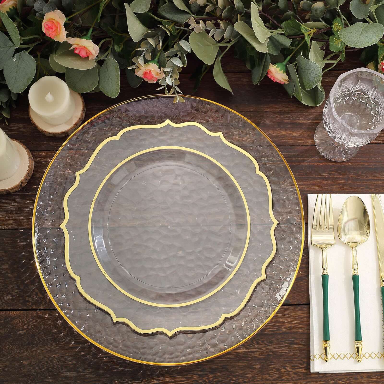 6-Pack Economy Plastic Round Charger Plates 13" in Clear Hammered Design with Gold Rim, Decorative Dinner Party Serving Plates