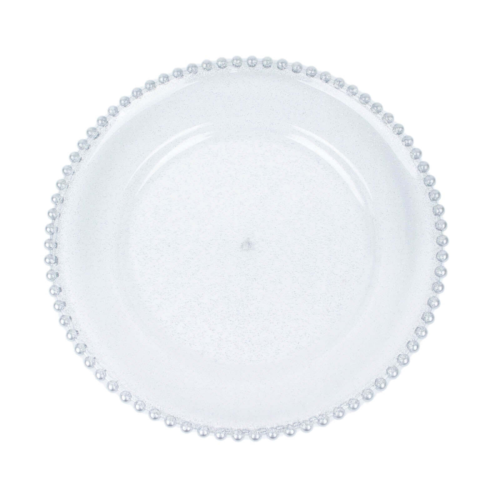 6-Pack Acrylic Round Charger Plates 13" in Clear Silver Glittered with Beaded Rim, Decorative Dinner Party Serving Plates