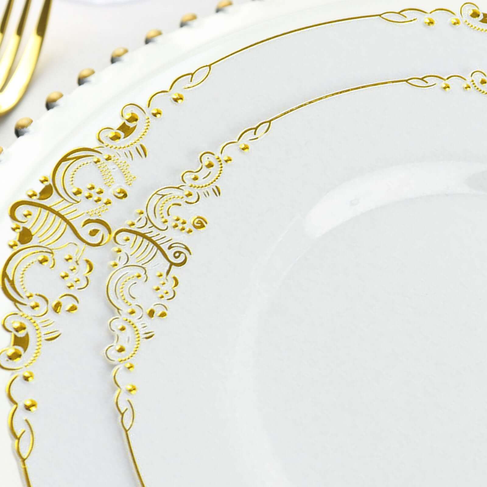 10-Pack Plastic 8" Round Dessert Plates in White with Gold Leaf Embossed Rim - Disposable Vintage Baroque Style Salad Plates for Luxurious Gatherings & Events