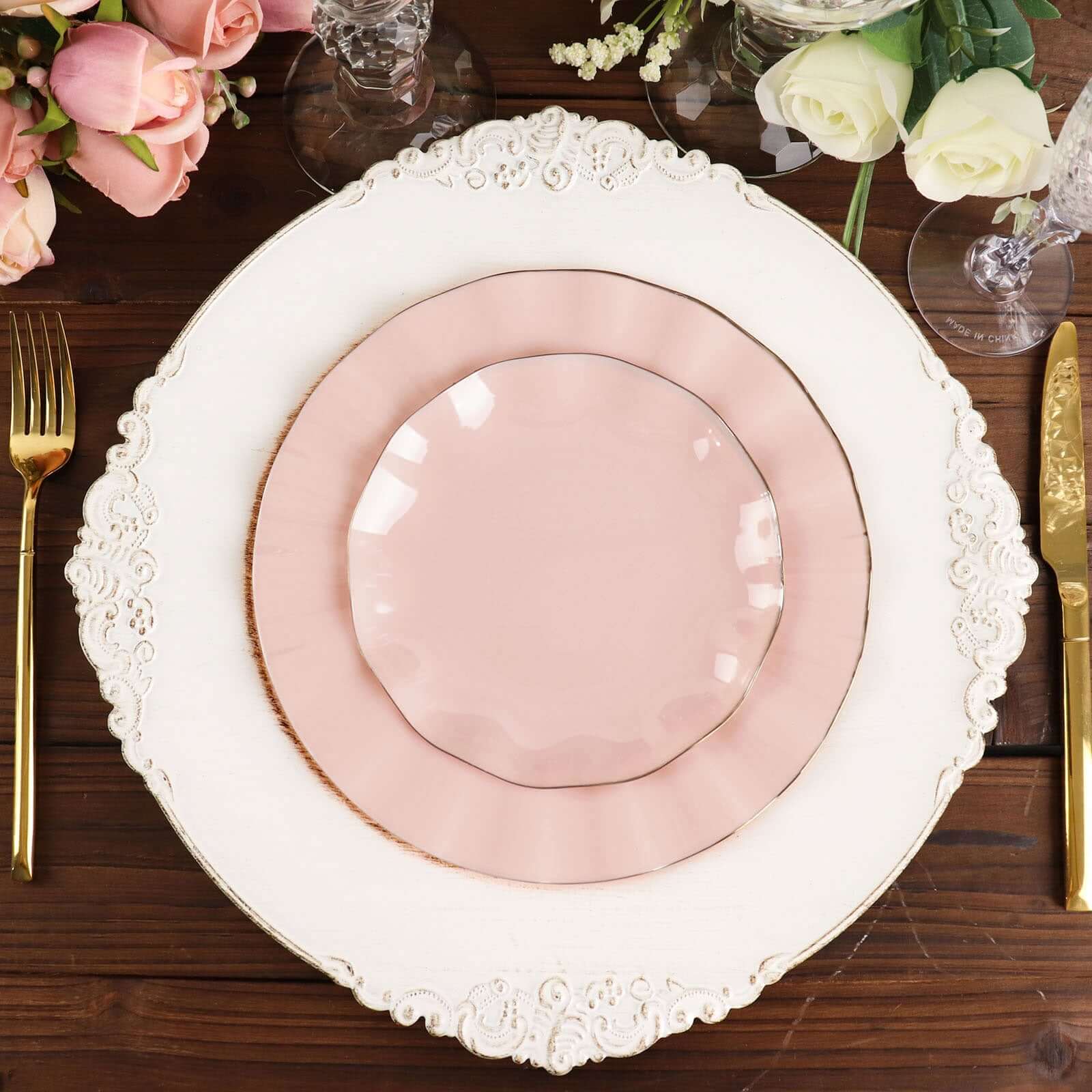 10-Pack Plastic Round 6" Dessert Plates in Blush Ruffled Rim with Gold Edging - Sturdy Disposable Salad Appetizer Dinnerware