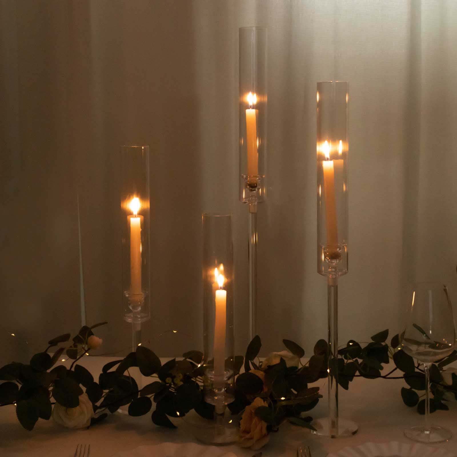 Set of 4 Acrylic Taper Candlestick Holders, Clear Tall Chimney Tube Candle Shades Hurricane Candle Stands 14", 18", 22", 26"