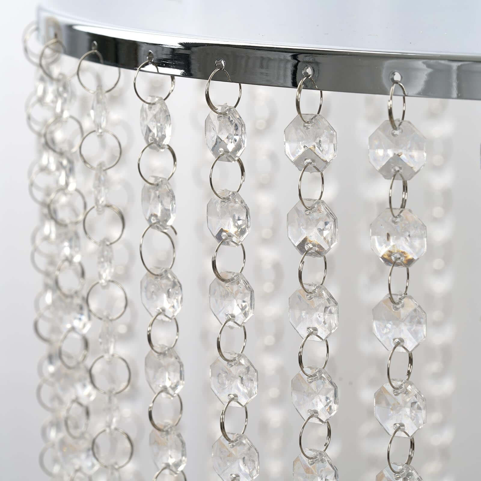 Metal Cake Stand Round Design Metallic Silver with Crystal Chains 14" Dia - Cupcake Dessert Pedestal 16"Tall