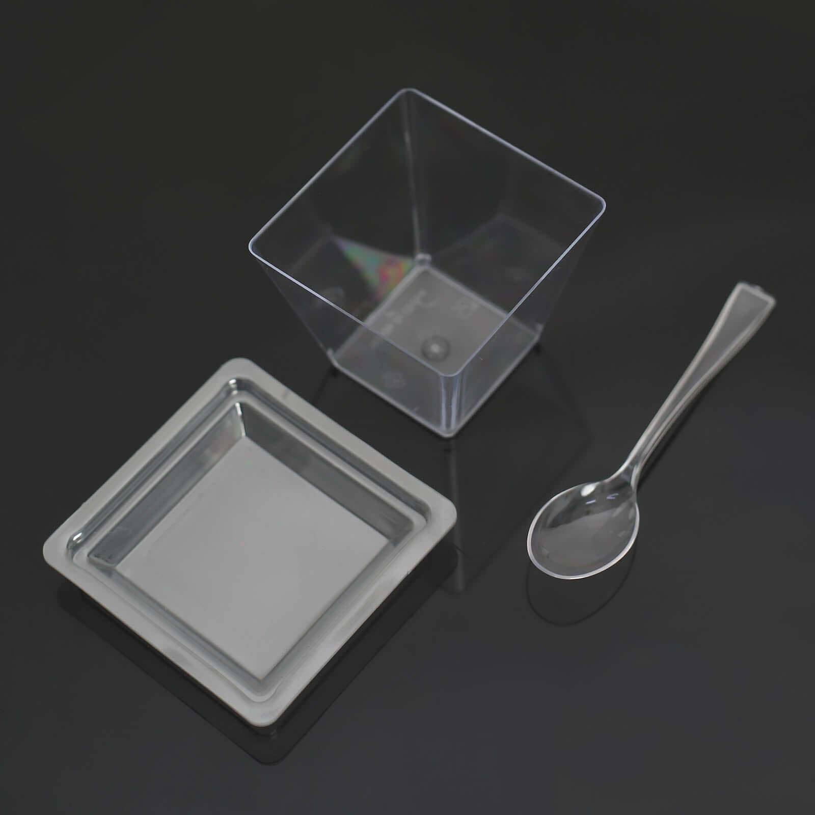 24-Pack Plastic Square Dessert Tumbler Cup Clear - Disposable Snack Serving Cups with Lid and Spoon Set for Parties, Catered Events & Buffets 4oz