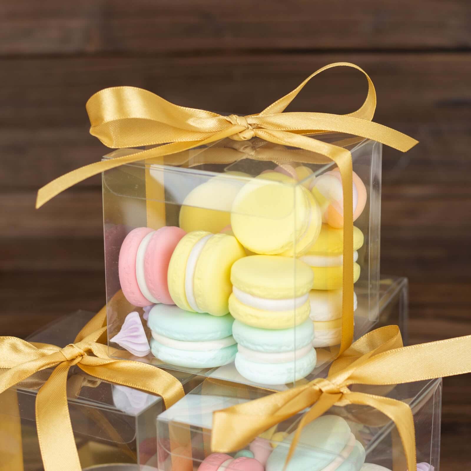 12 Pack 3.5" Clear Metallic Gold Disposable Cupcake Boxes With Ribbon Tie, Plastic Wedding Favor Boxes
