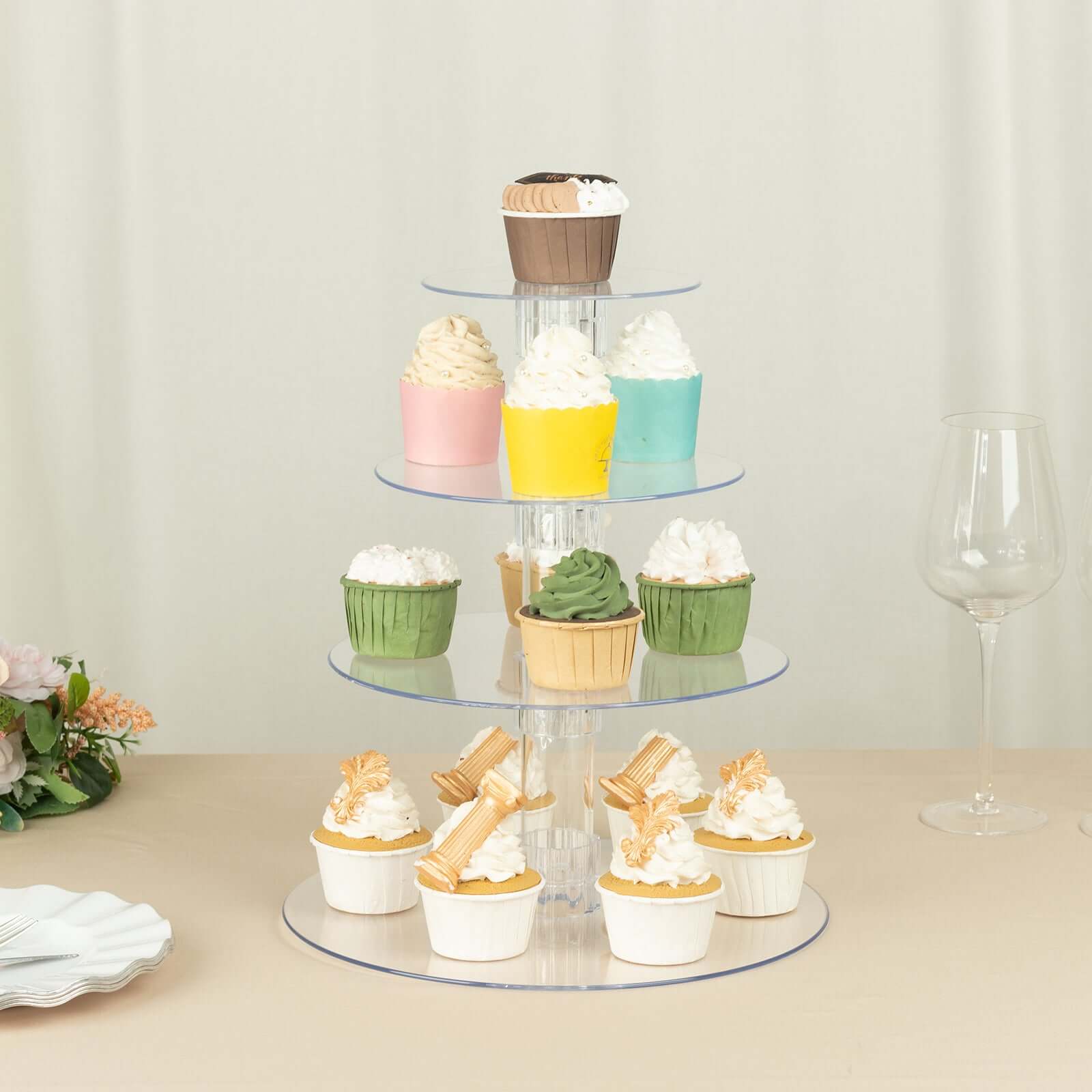 4-Tier Acrylic Round Cupcake Stand Clear - Heavy Duty Easy To Assemble Dessert Tower Holder Pastry Display with Film Sheets for Modern Minimalist Buffet Party Tables 14"