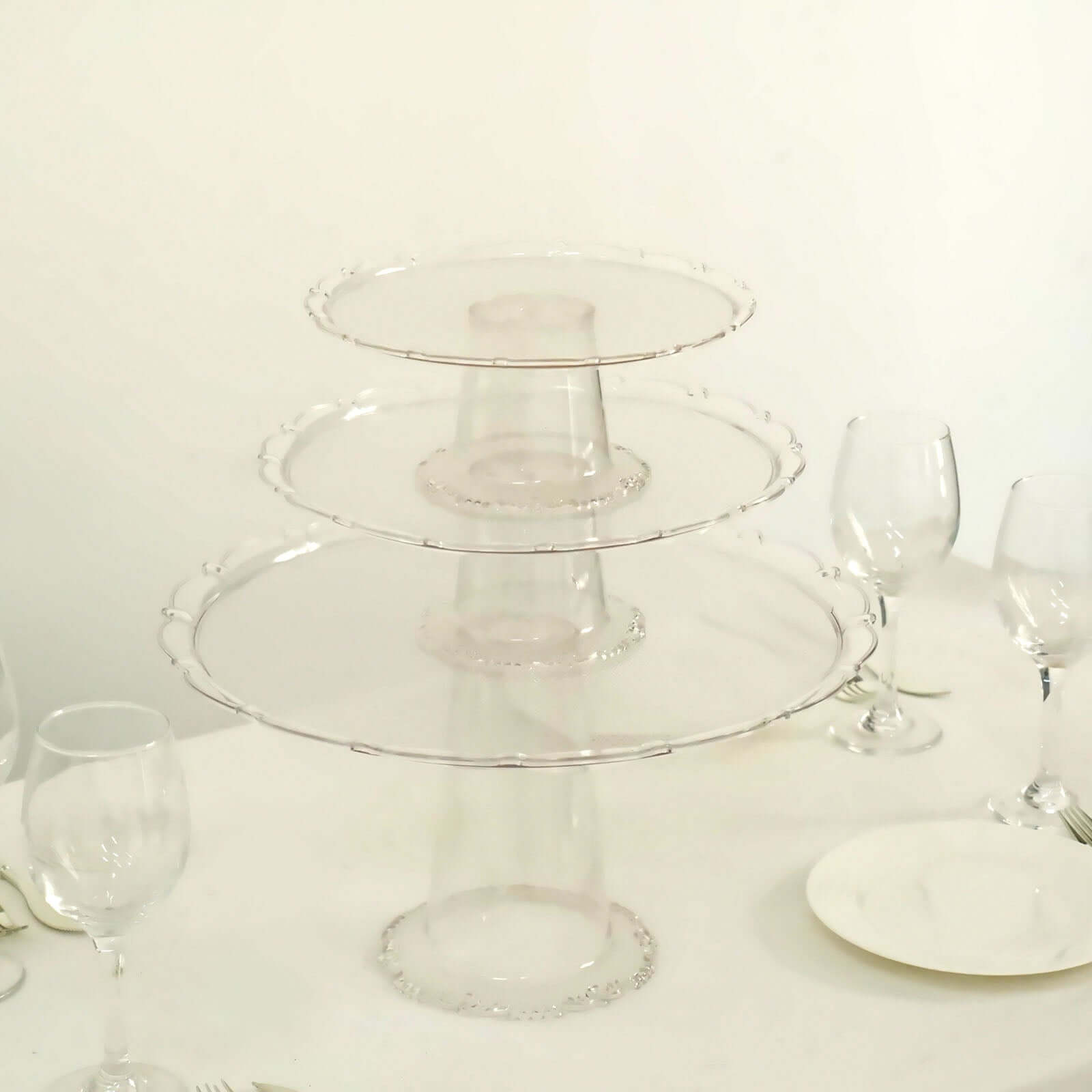 Set of 3 Plastic Round Pedestal Cake Stands Clear - Stackable Cupcake Display Holders with Scalloped Edges for Tea Parties Dessert Buffets & Banquets 9", 11", 15"
