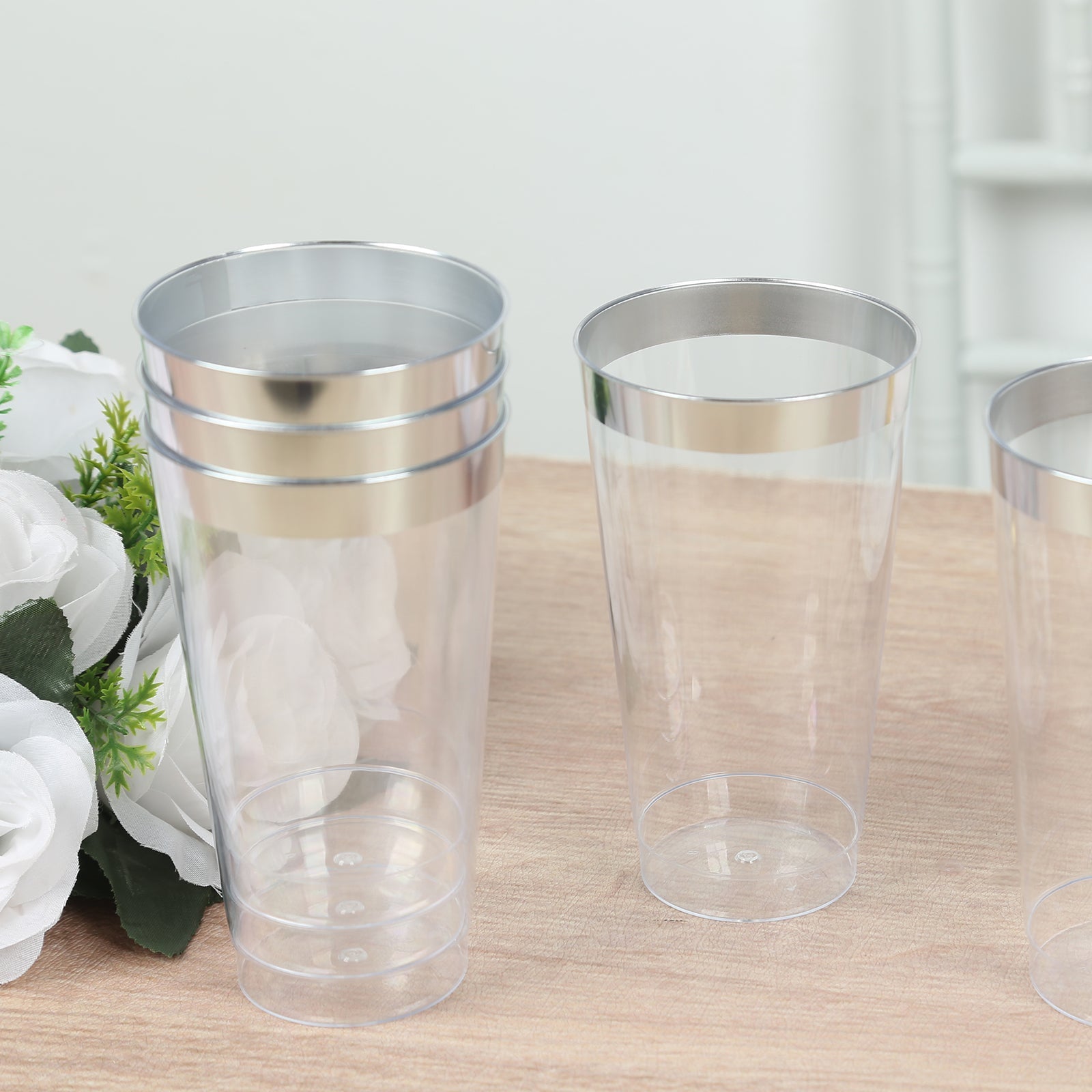 12-Pack Plastic Party Cups Clear with Silver Rim - Durable Disposable Tumblers for Drinks 17oz 5.5"