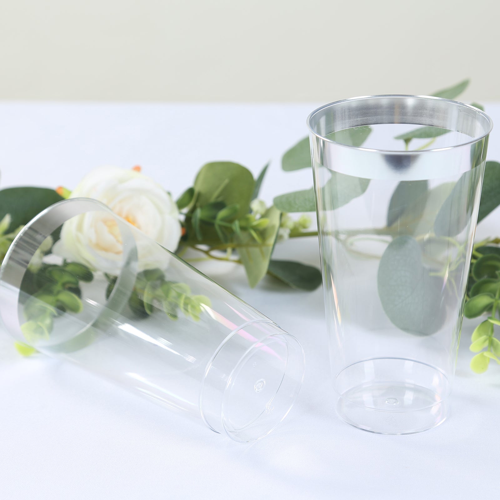 12-Pack Plastic Party Cups Clear with Silver Rim - Durable Disposable Tumblers for Drinks 17oz 5.5"