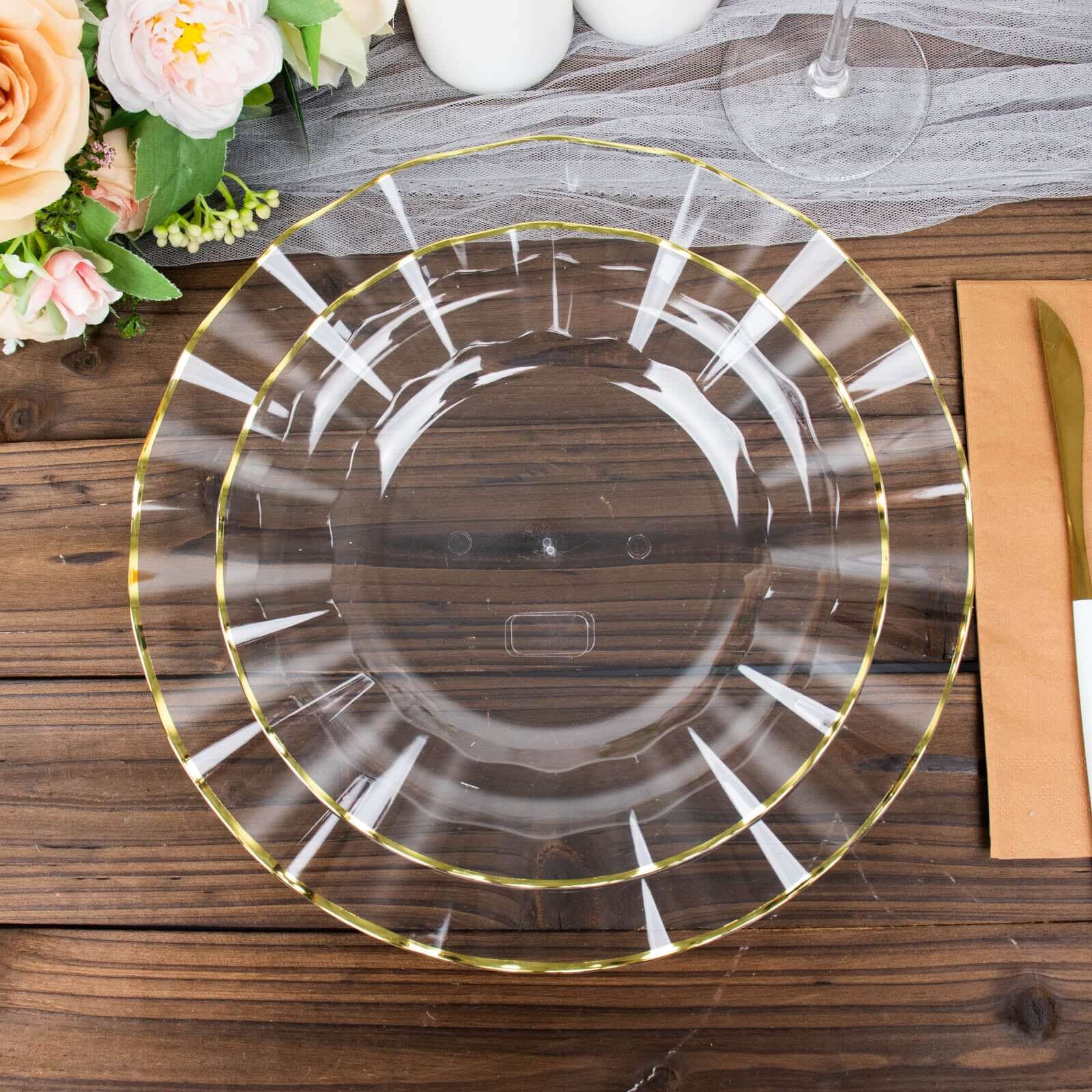 10-Pack Plastic 9" Round Dinner Plates in Clear Ruffled Rim with Gold Edging - Sturdy Disposable Dinnerware