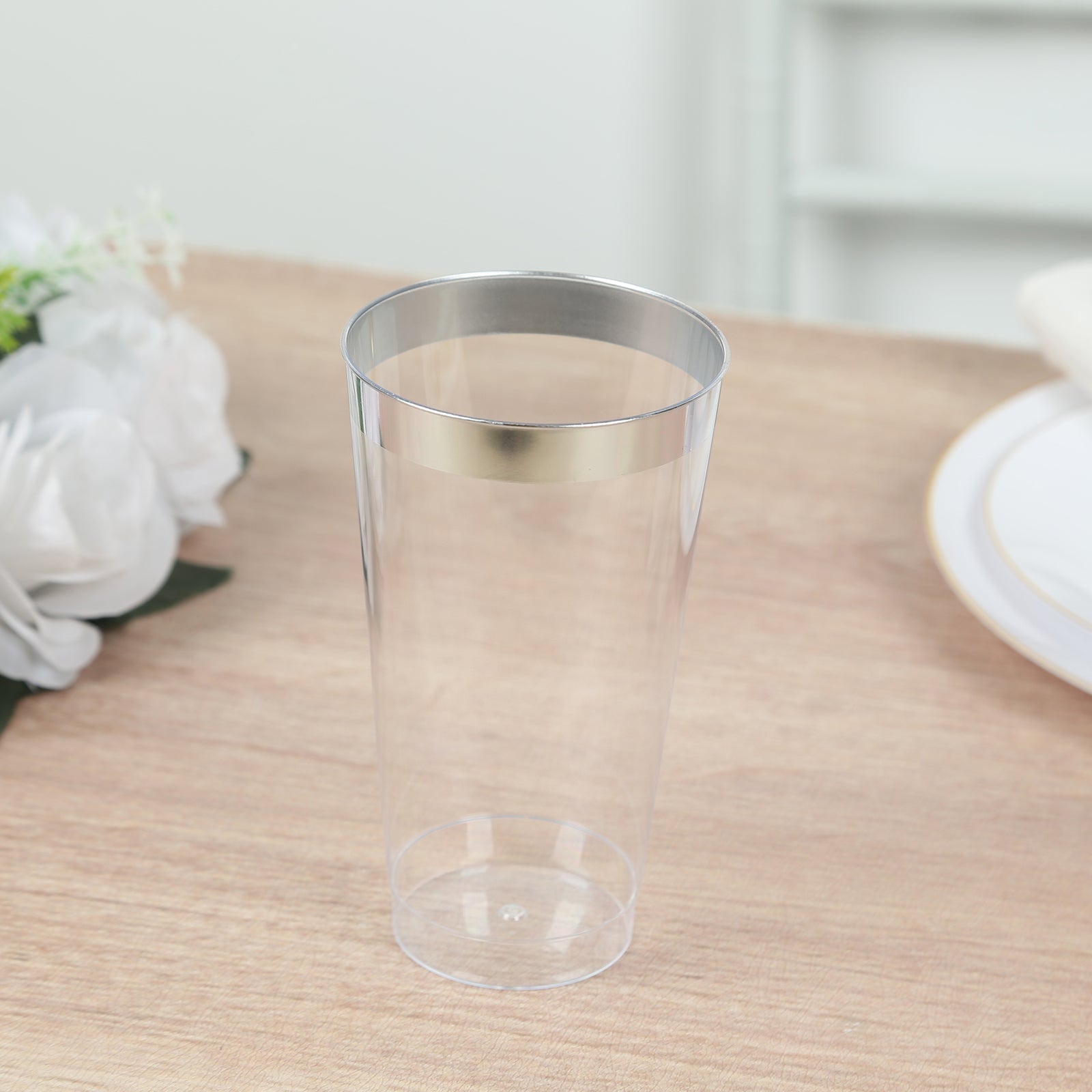 12-Pack Plastic Party Cups Clear with Silver Rim - Durable Disposable Tumblers for Drinks 17oz 5.5"