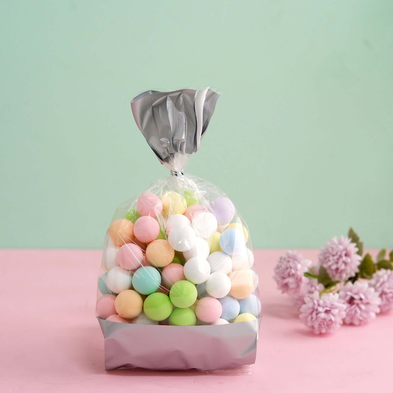 100 Pcs 4"x9" Clear Silver Gift Goodie Candy Treat Bags and Twist Ties