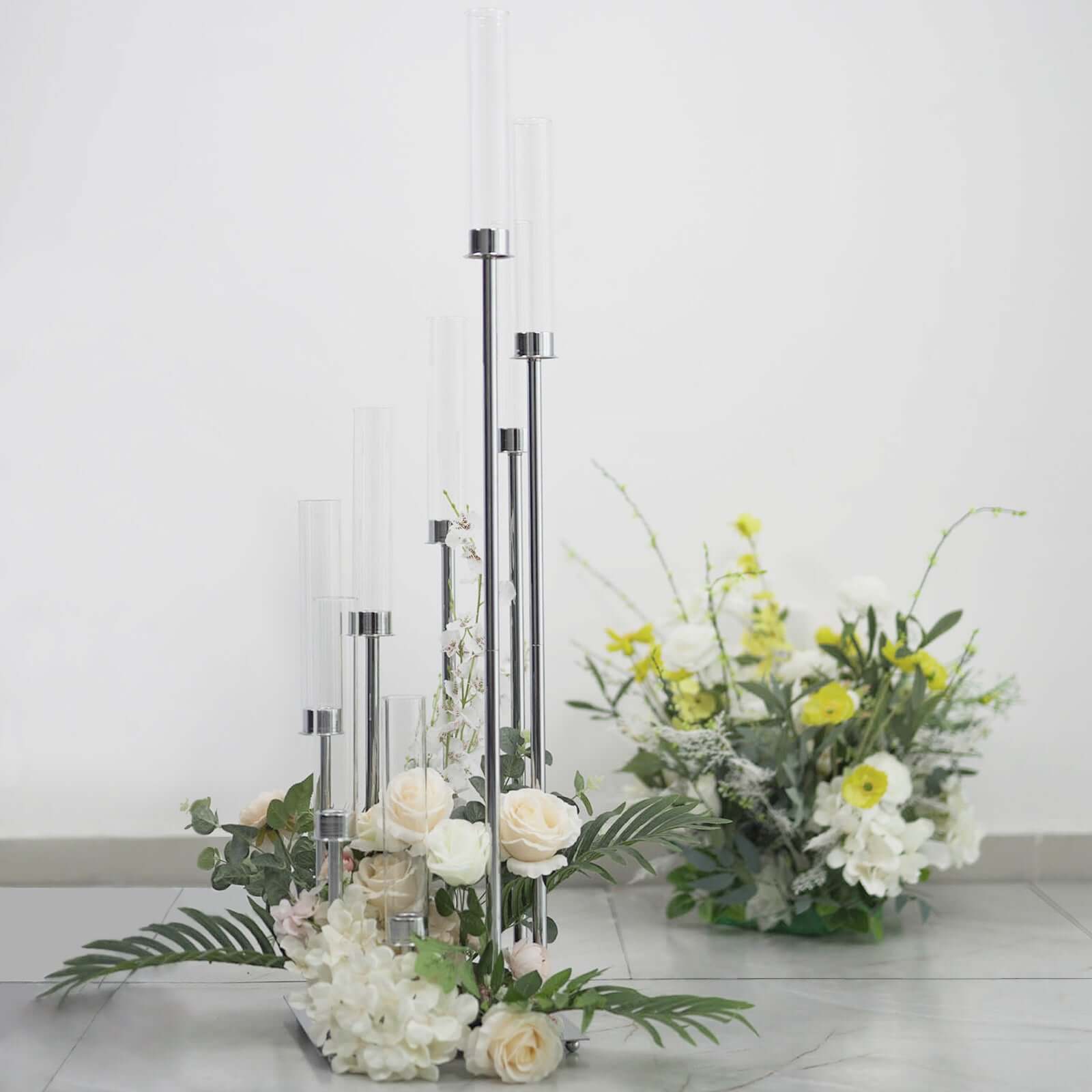 8 Arm Cluster Taper Candle Holder Silver - Stunning Large Candle Arragement With Clear Glass Shades for Grand Banquets & Celebrations 42"