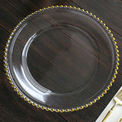 8-Pack Glass Round Charger Plates 12" in Gold with Beaded Rim, Event Tabletop Decorative Dinner Charger Tableware