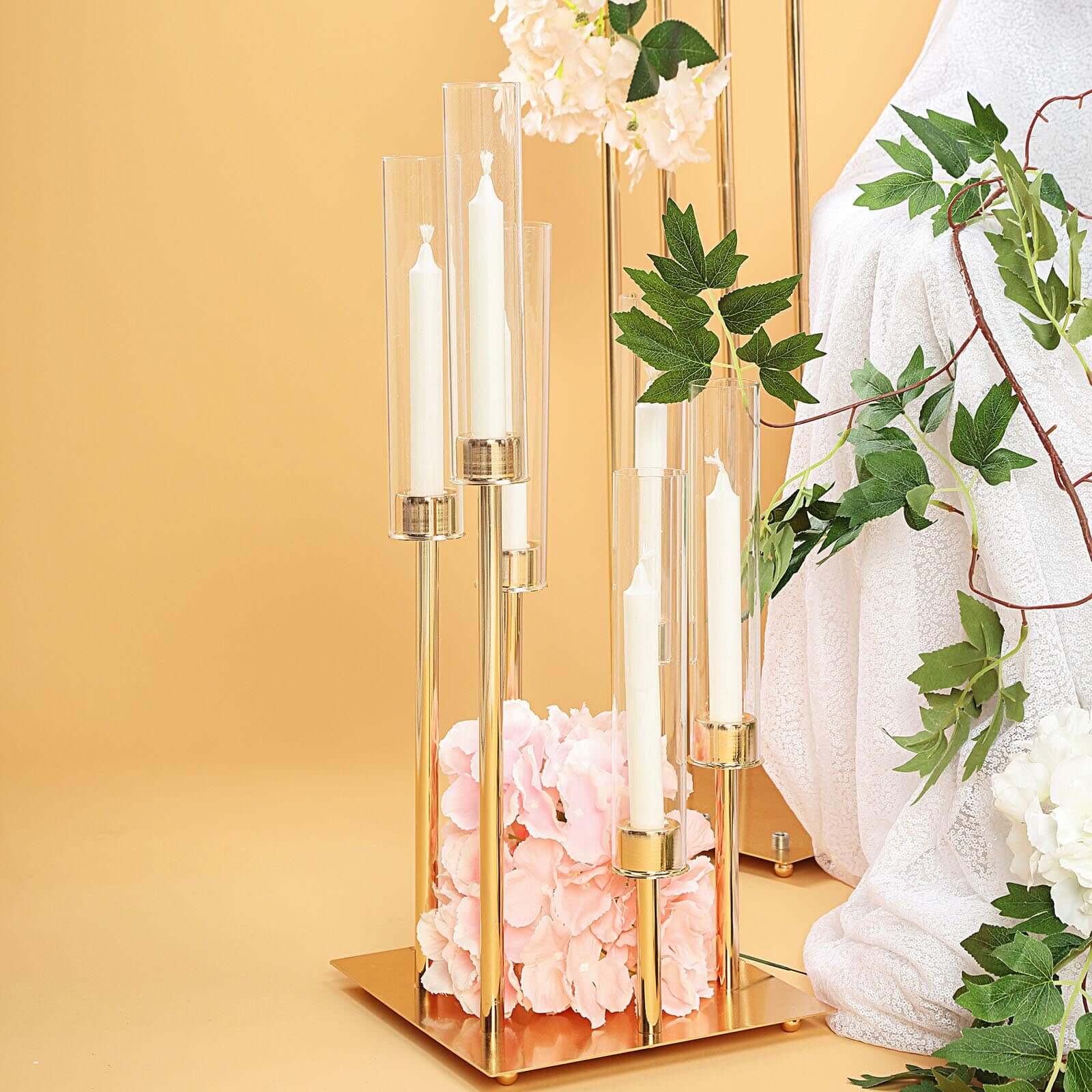 6-Arm Cluster Taper Candle Holder Gold with Clear Glass Shades - Sleek Candle Display for Gatherings 24"