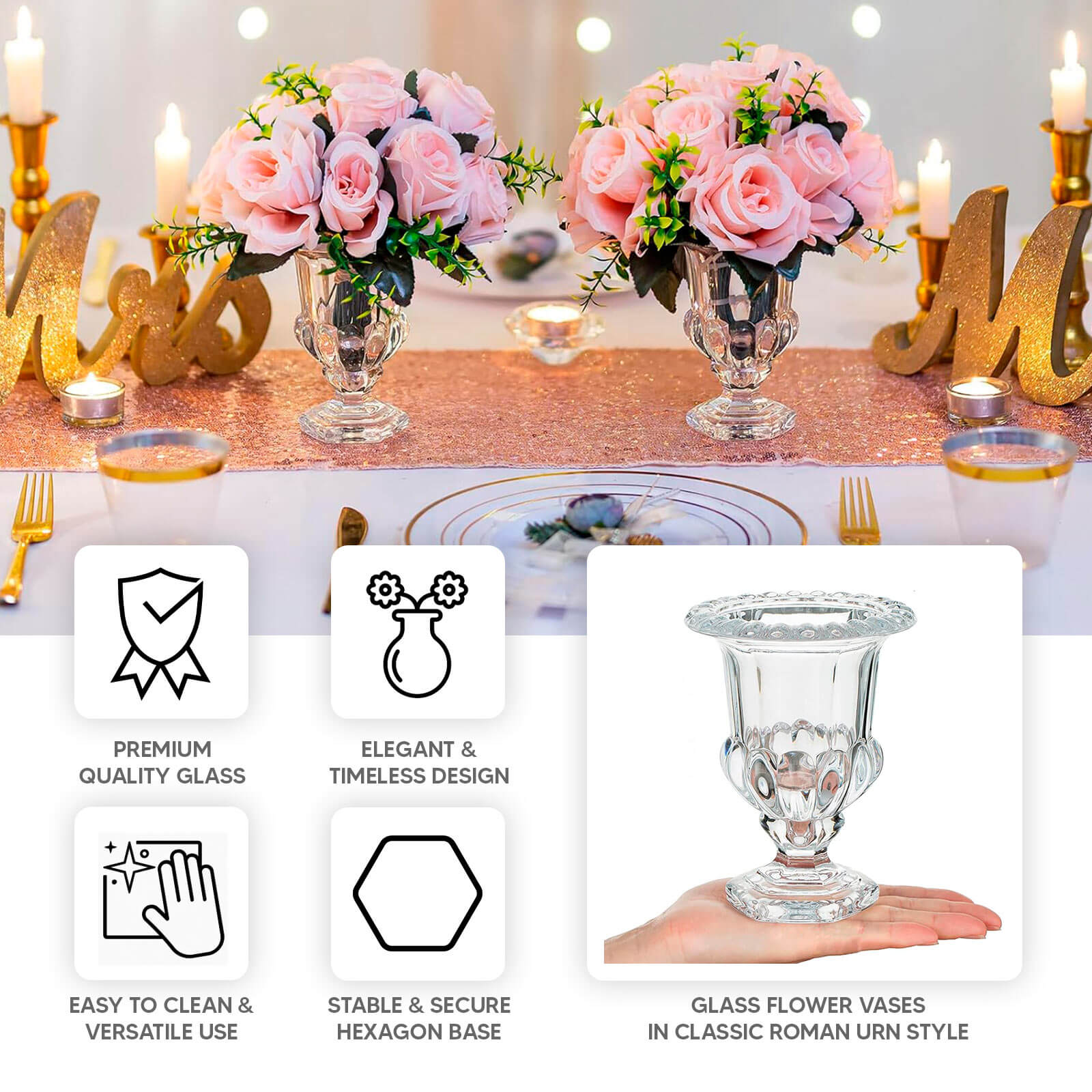 2-Pack Glass Mini Pedestal Flower Vases in Classic Roman Urn Style Clear - Sophisticated Wedding Table Centerpieces 6"