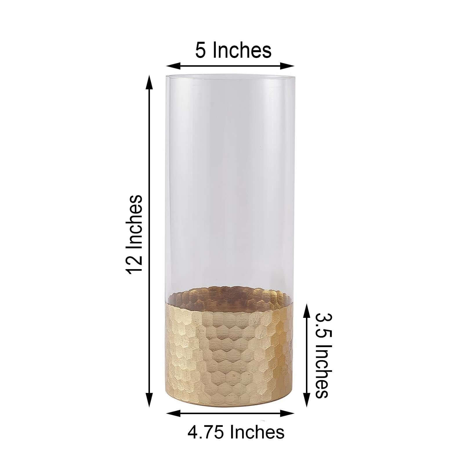 2-Pack Glass Cylinder Vases Honeycomb Design Clear with Gold Base - Decorative Candle Holder Centerpieces 12"