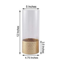 2-Pack Glass Cylinder Vases Honeycomb Design Clear with Gold Base - Decorative Candle Holder Centerpieces 12"
