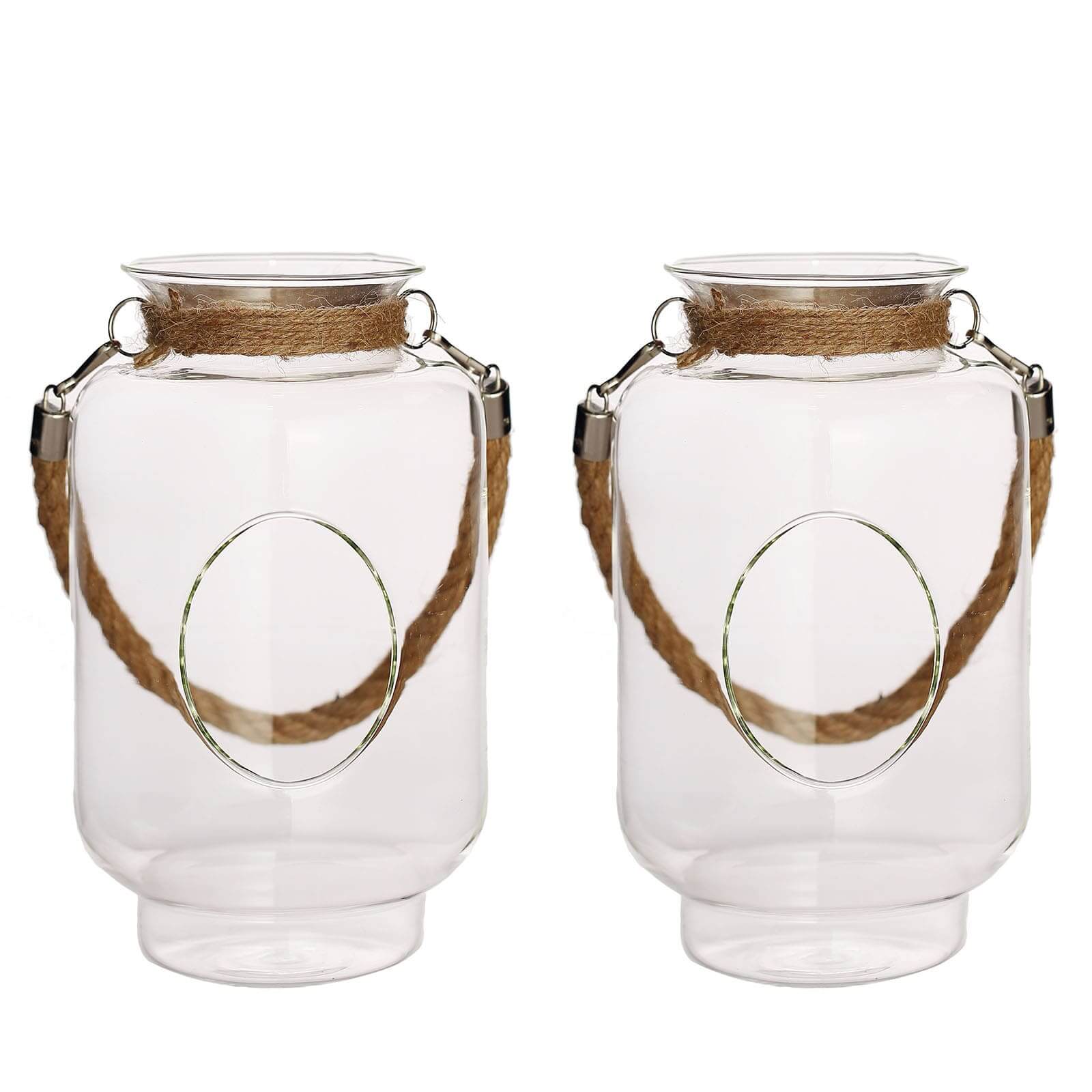 2-Pack Glass Vase Jars Clear with Twine Rope Handle - Rustic Hanging Terrariums for Events 16"