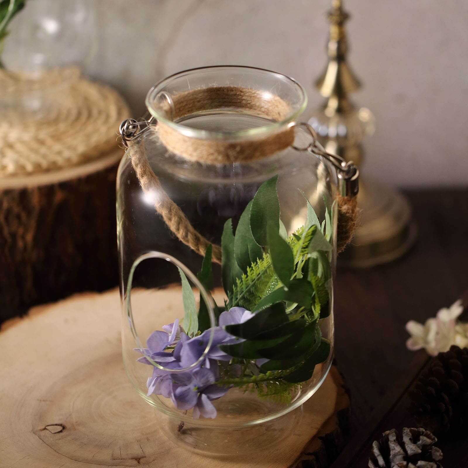 2-Pack Glass Vase Jars Clear with Twine Rope Handle - Rustic Hanging Terrariums for Events 16"